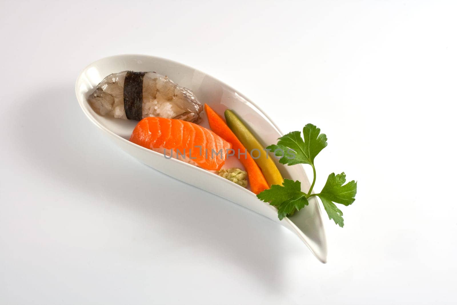 Sushi, shrimp nighiri on white