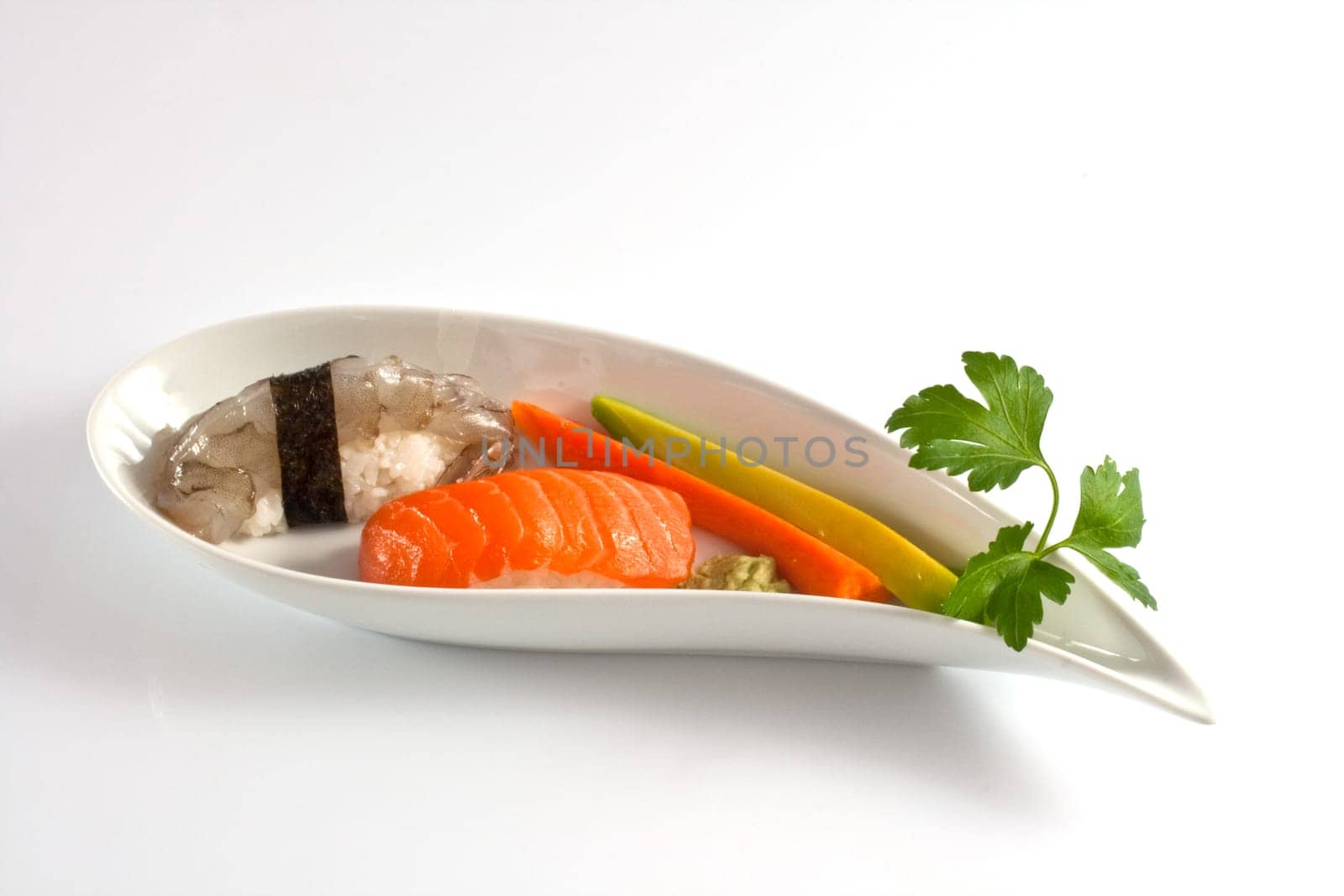 Sushi, shrimp nighiri on white