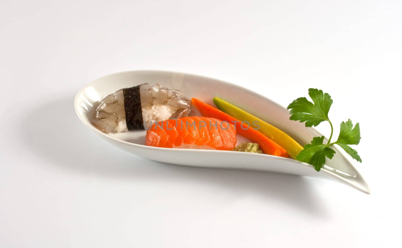 Sushi, shrimp nighiri on white