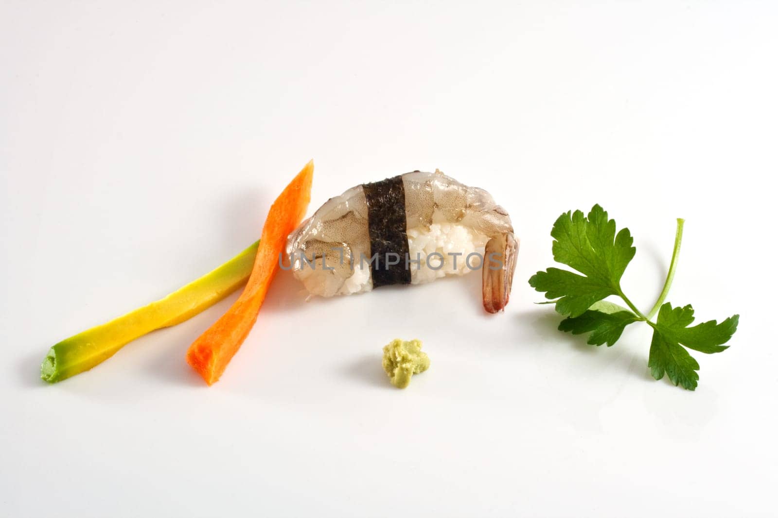 Sushi, shrimp nighiri on white