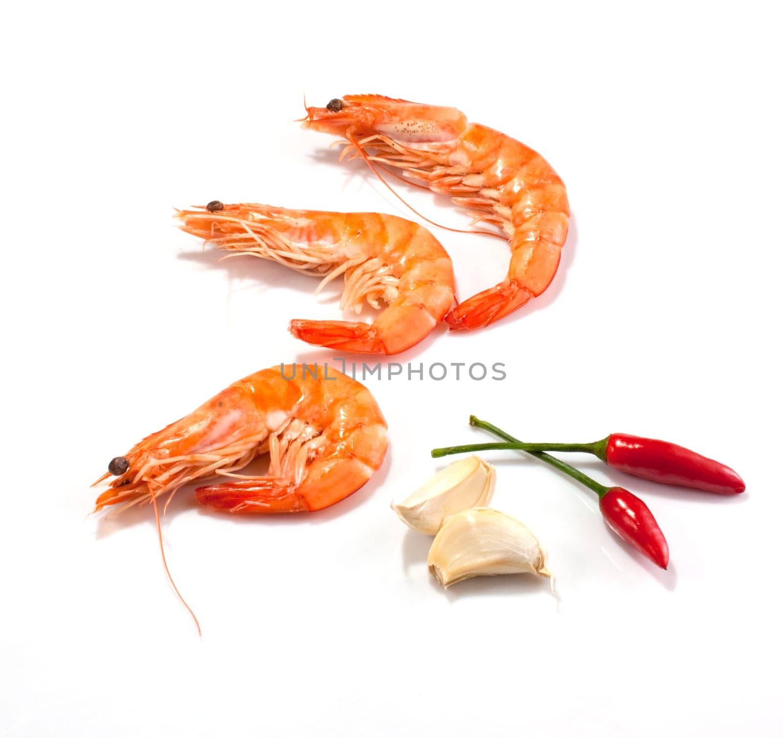Shrimps, chilli and garlic on a white background