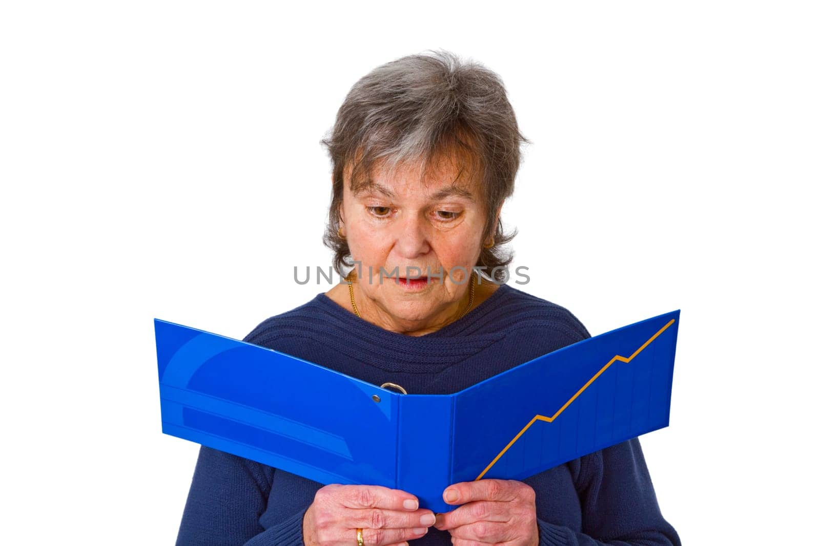 Senior woman looking at her bank statements - isolated on white background
