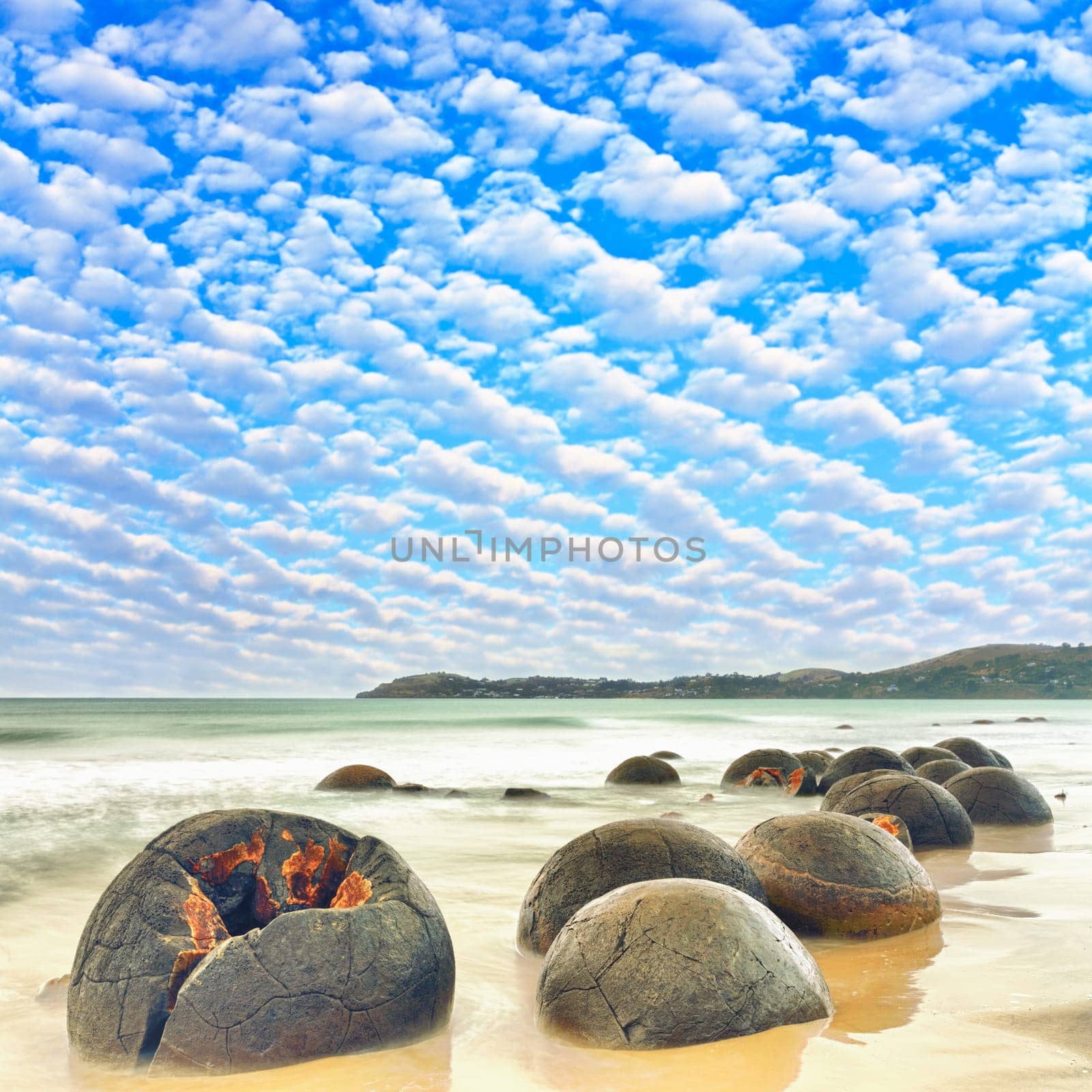 Moeraki Boulders at day time. New Zealand