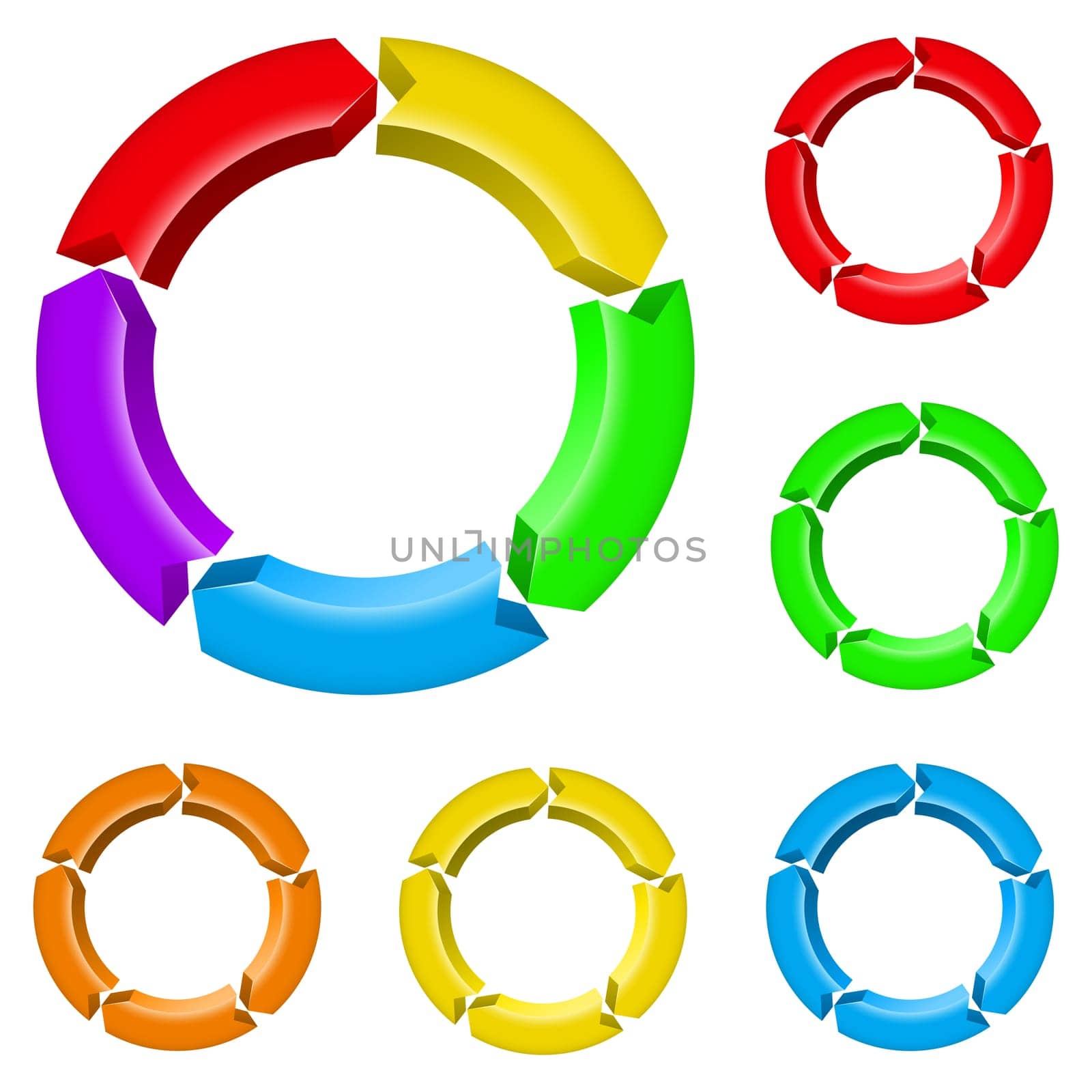 Set number two of different colored arrow circles isolated on the white