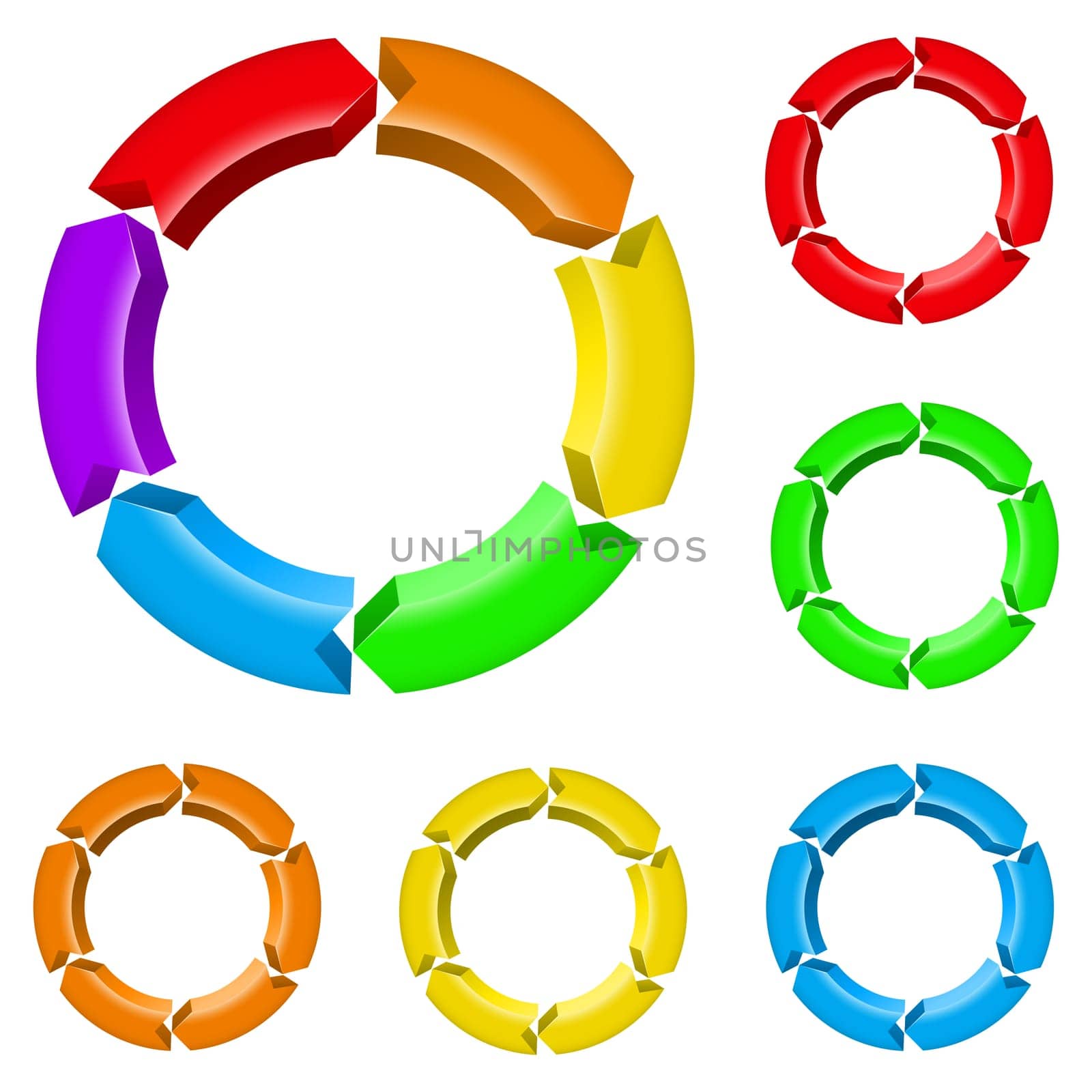 Set number one of different colored arrow circles isolated on the white