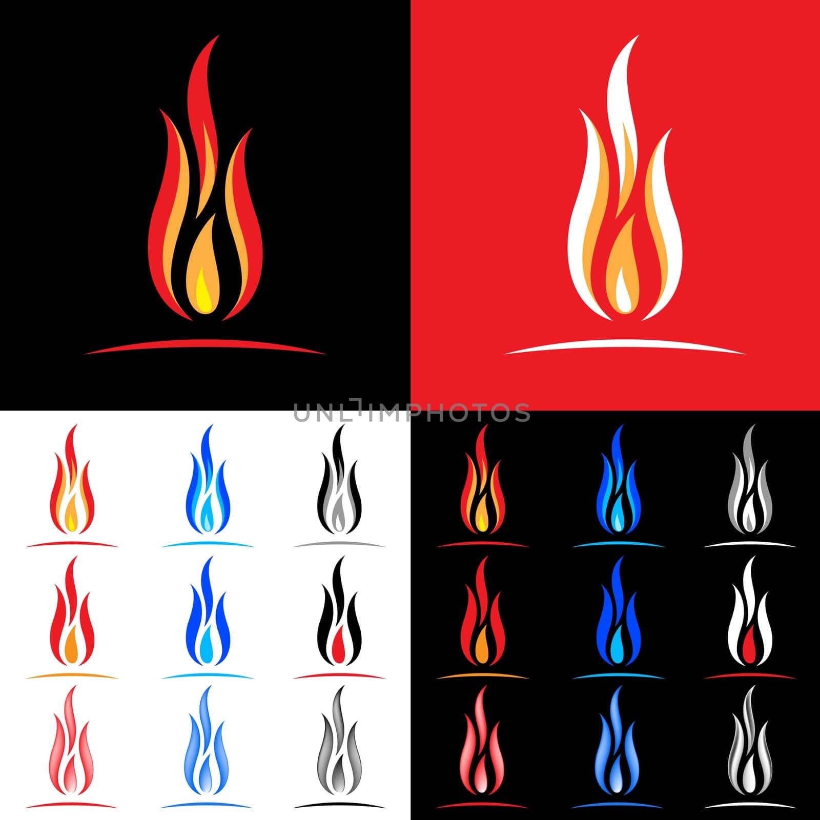 Fire icons collection. Illustration on white, black and red background