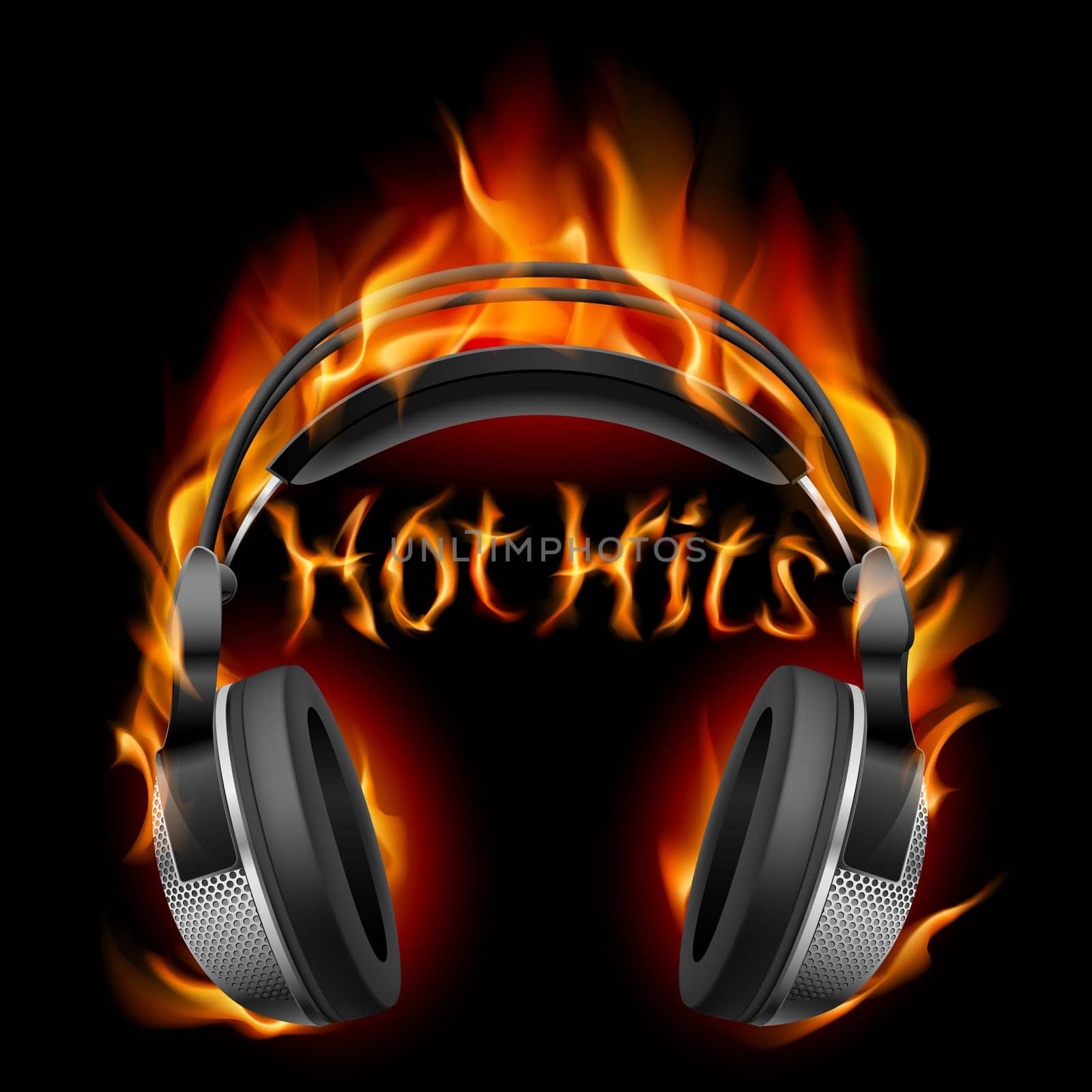 Headphones in fire. Illustration on black background