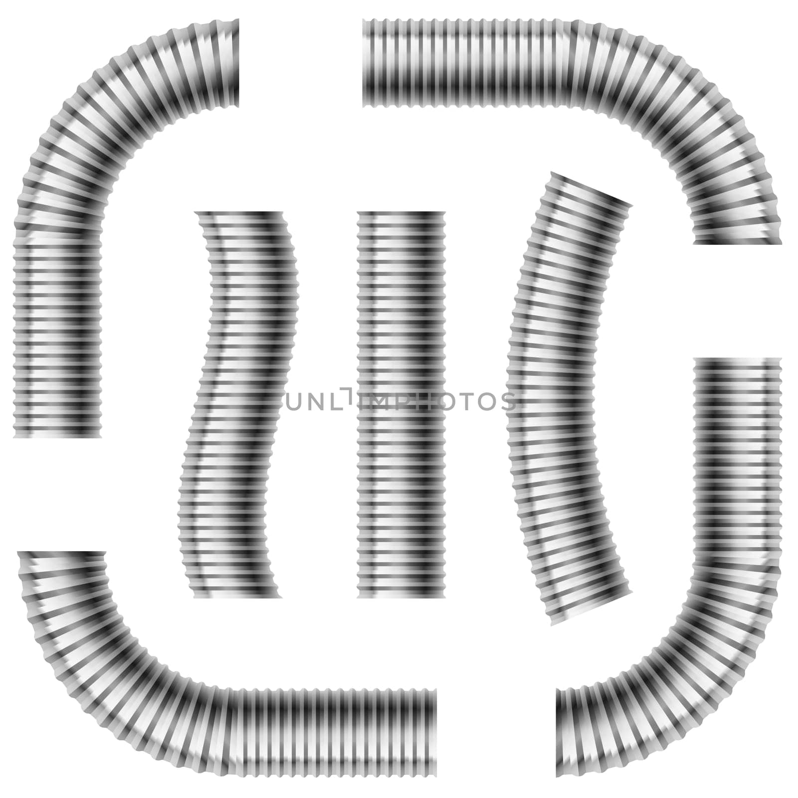 Set of gray corrugated drain pipes. Illustration on white