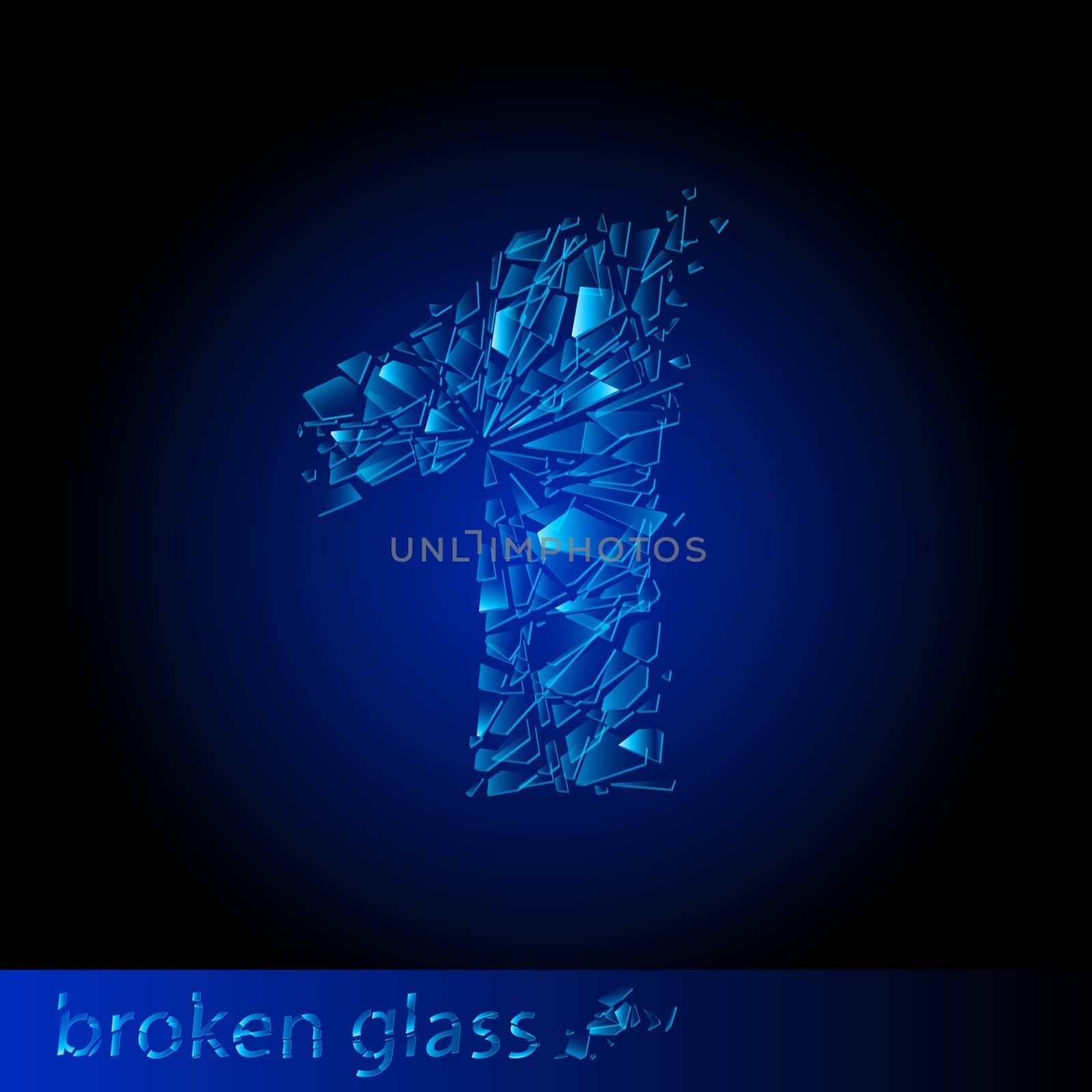 One symbol of broken glass - digit one. Illustration on black background