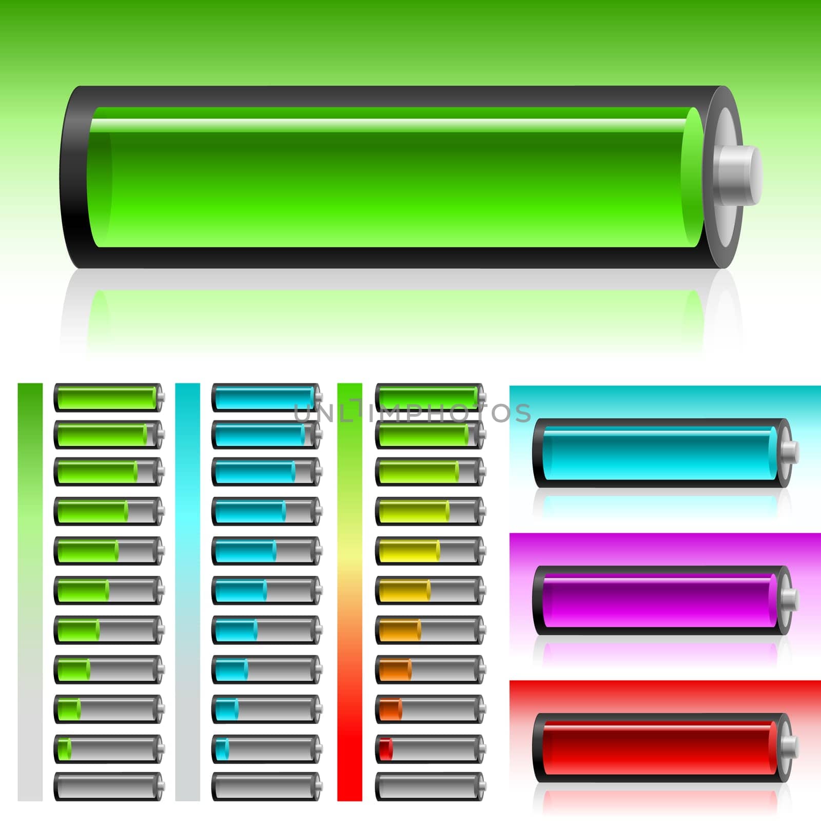 Set of transparent battery on the white background for design