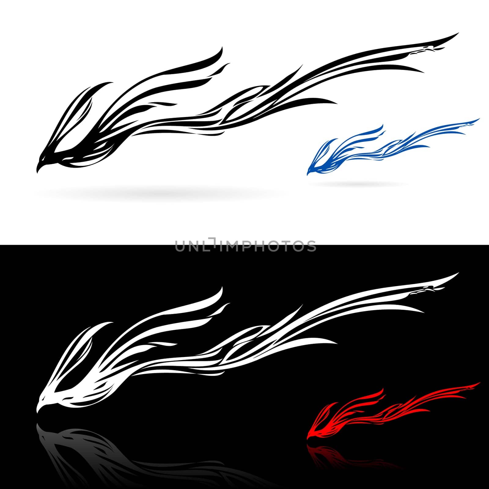 Set of phoenix icons. Illustration on white and black background