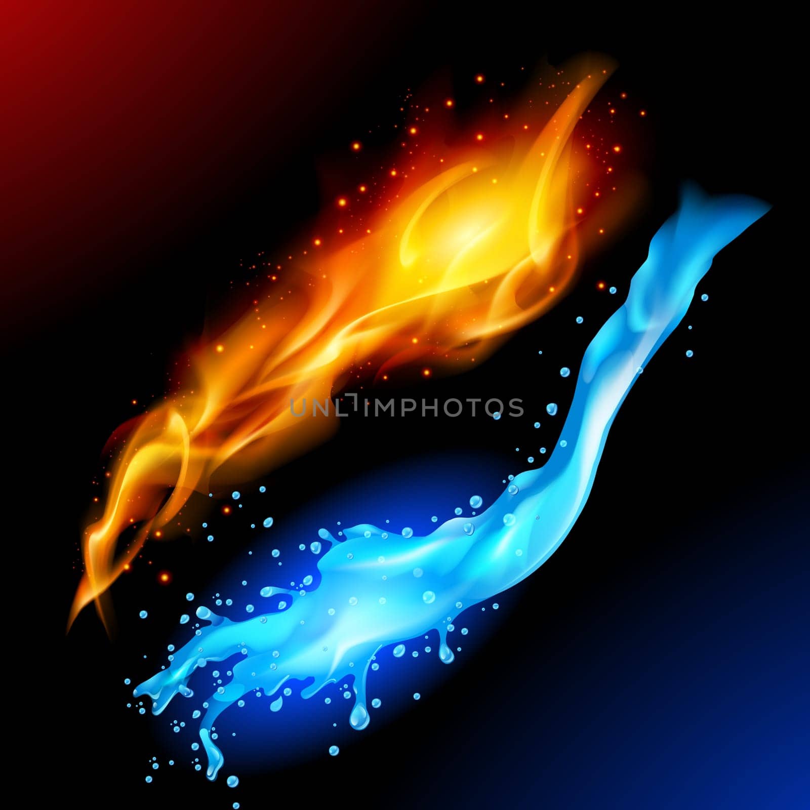 A bright blue and yellow orb circle representing the elements of fire and water.