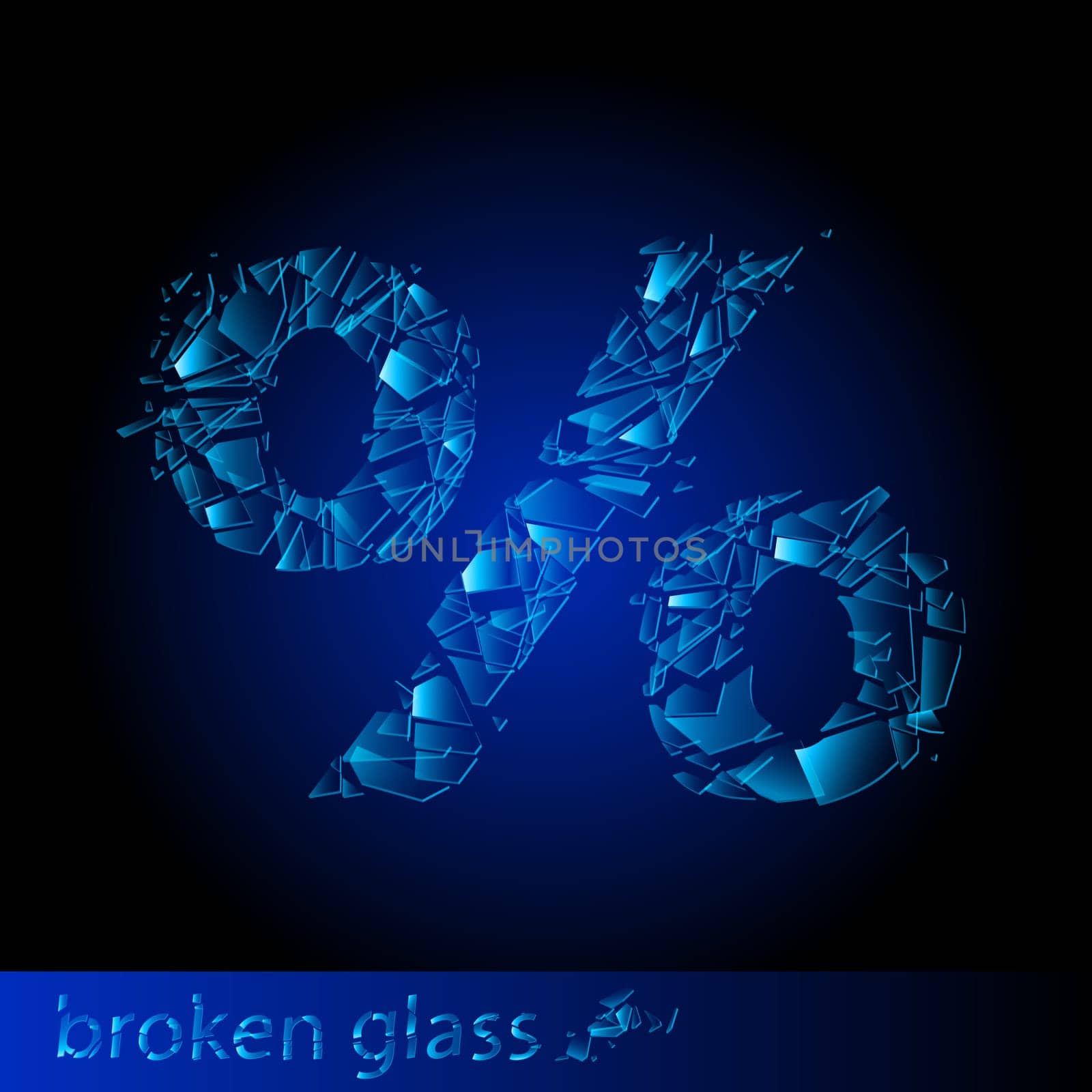 One symbol of broken glass  - percentage. Illustration on black background