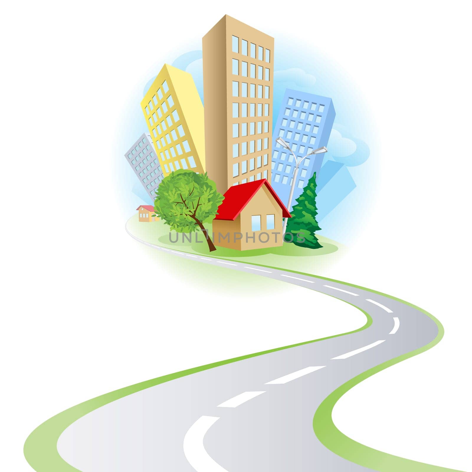 Townhouses, cottages and the road. Illustration on white background