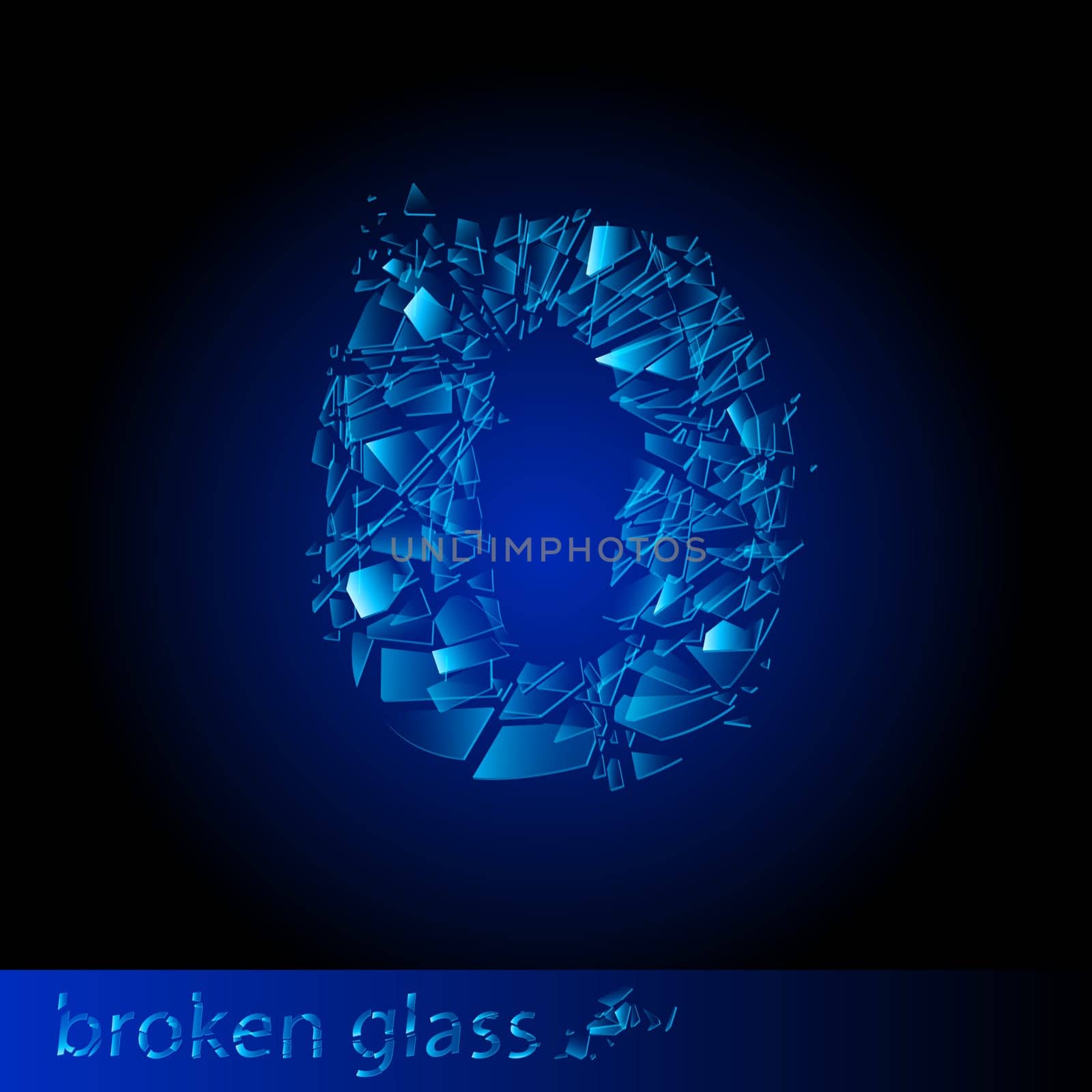 One symbol of broken glass - digit zero. Illustration on black background