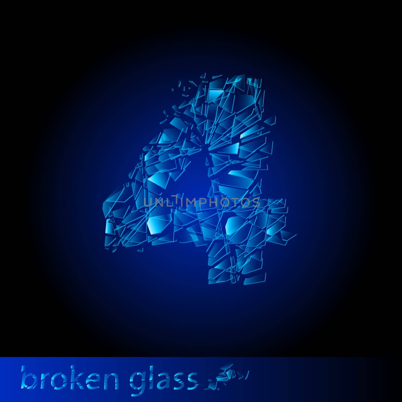 One symbol of broken glass - digit four. Illustration on black background