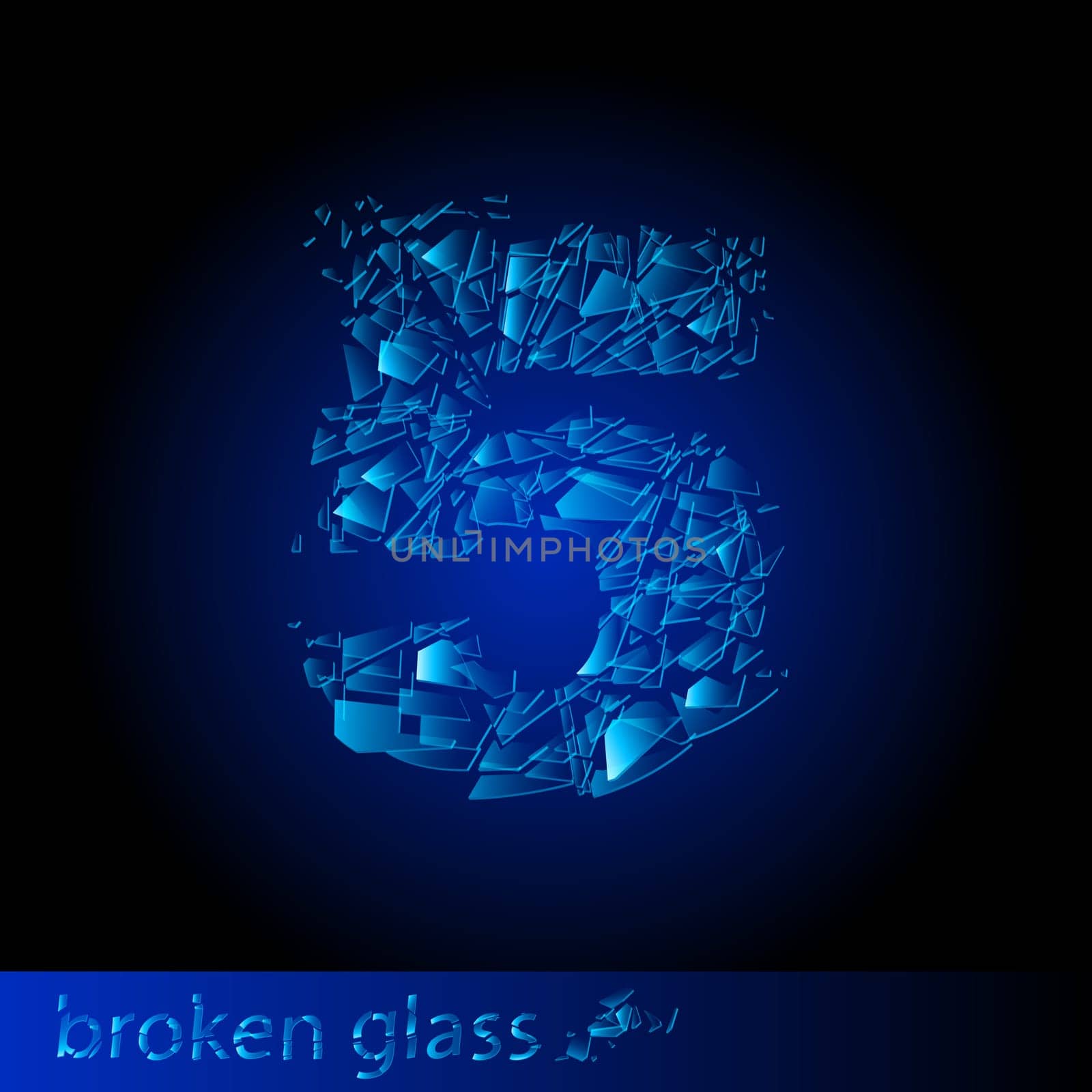 One symbol of broken glass  - digit five. Illustration on black background