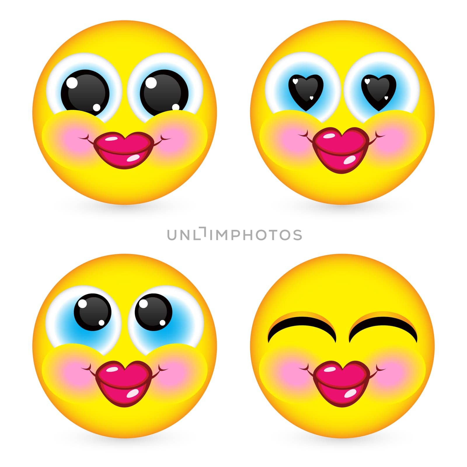 Four smiling faces, they are all happy and laughing. Illustration on white background