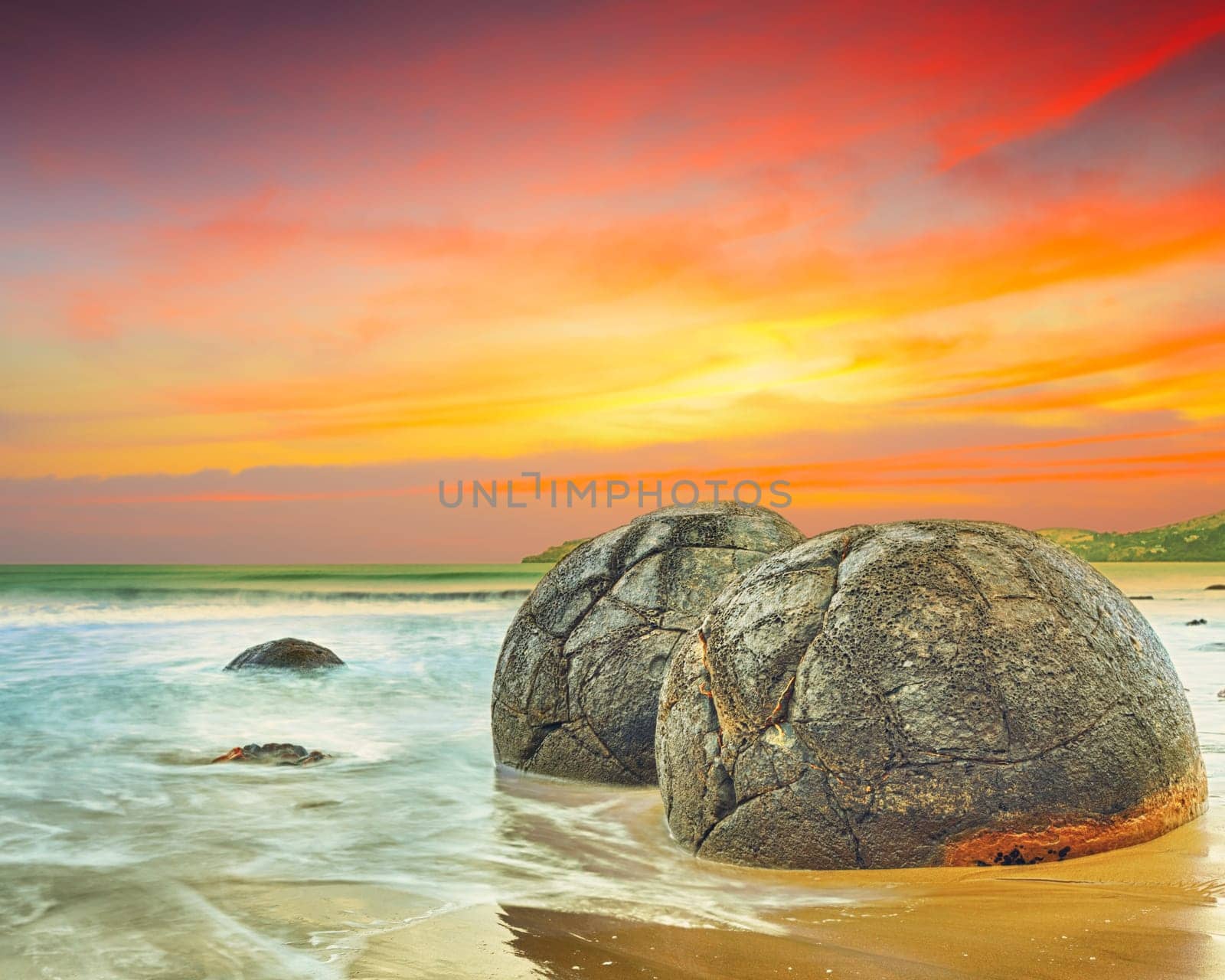 Moeraki Boulders at sunset. New Zealand