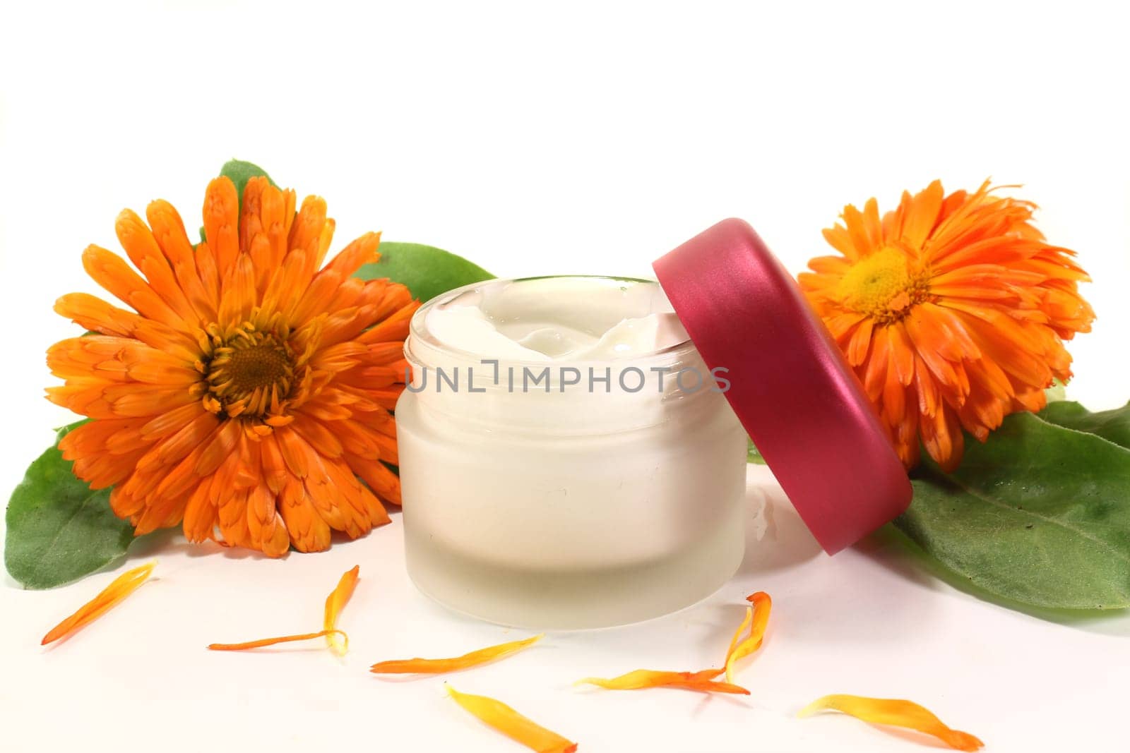 a pot of calendula ointment with fresh flowers
