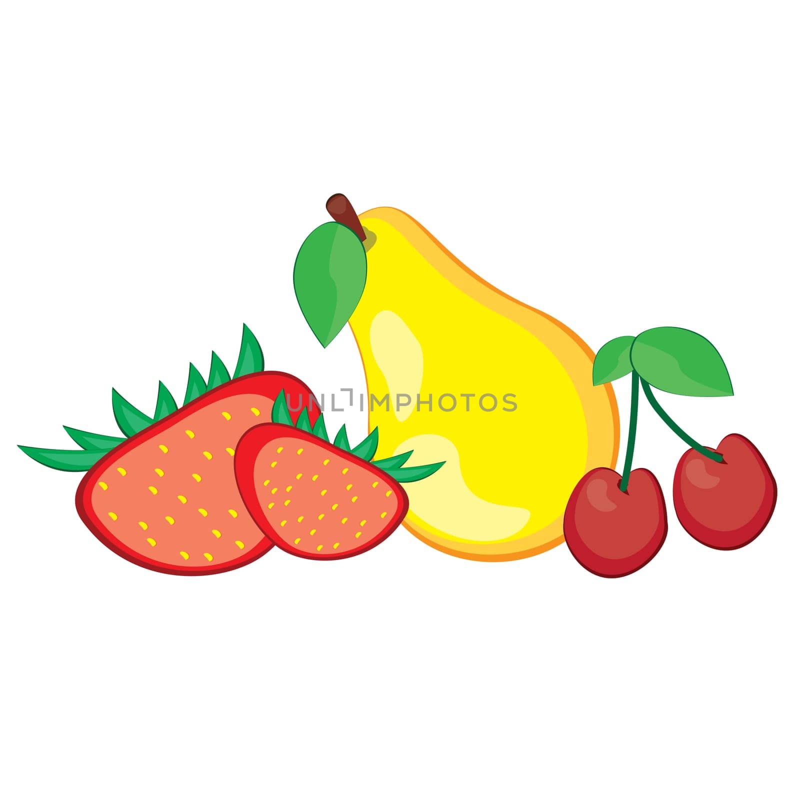 Illustration of healthy fresh fruit. Pear, strawberry, and cherry