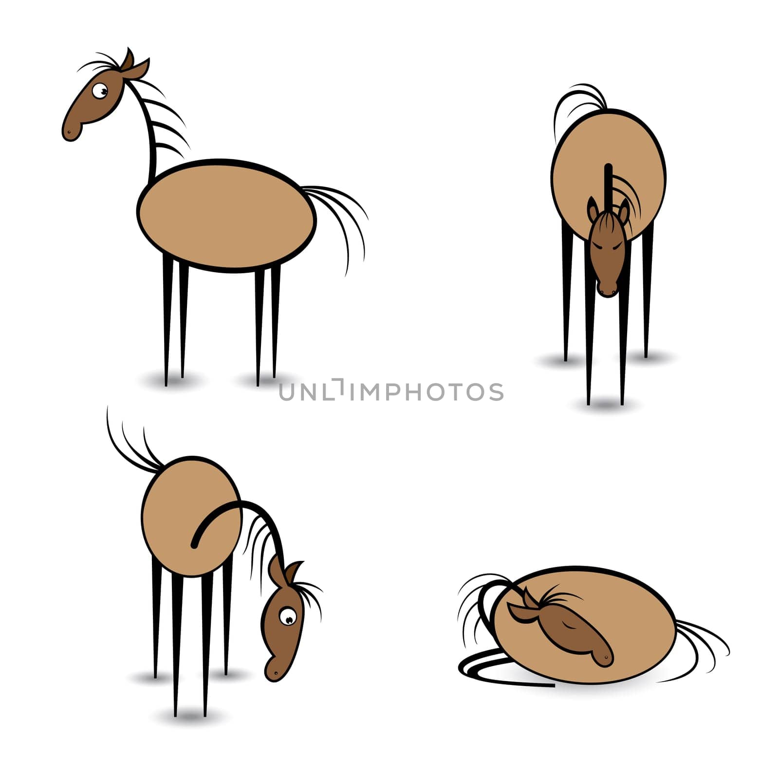 Abstract four horses in different positions. Illustration on white background