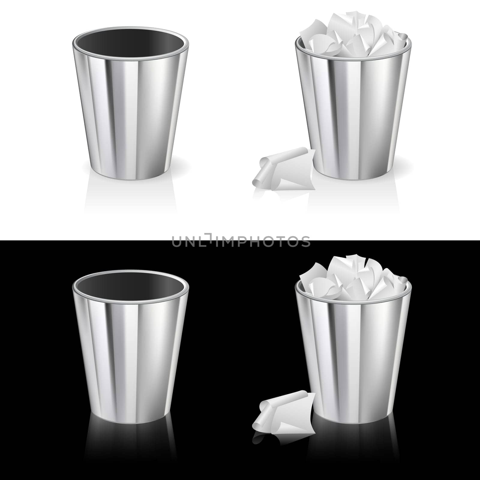 Set of Garbage can. Isolated on white and black background.