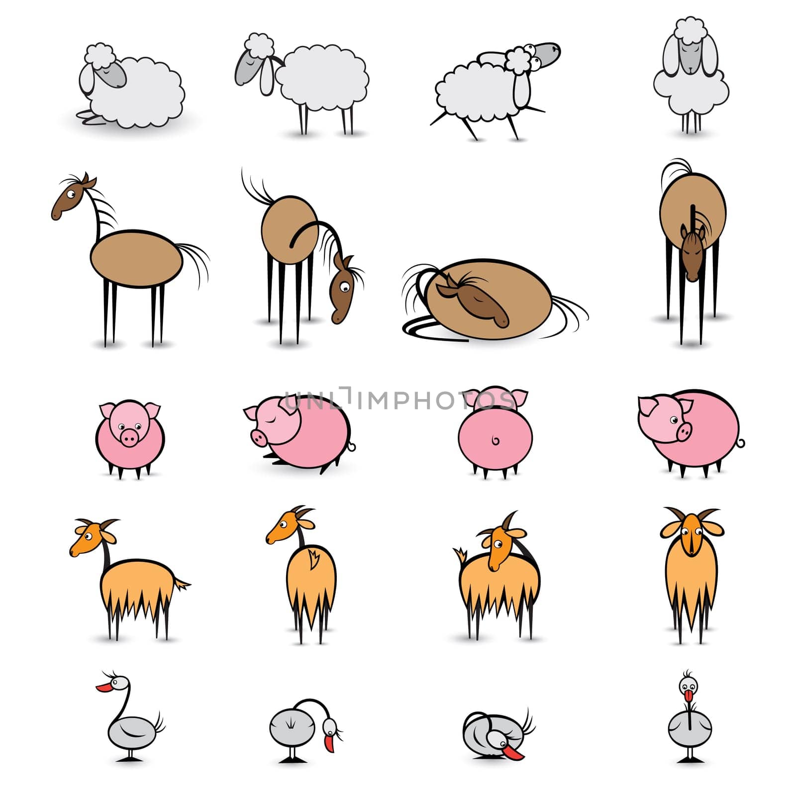 Set of various animals living on the farm. Illustration on white background