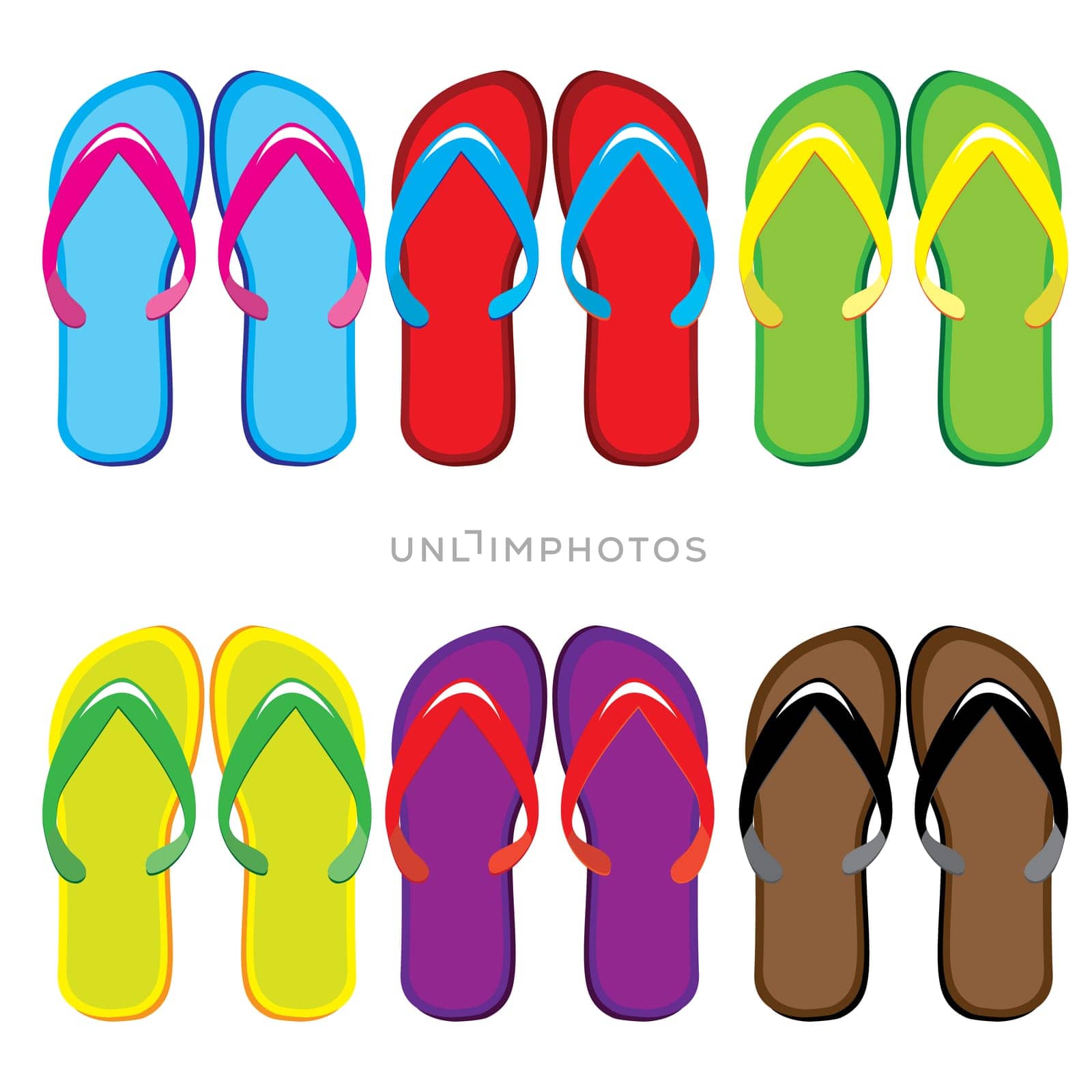 Six pairs of colorful flip flops. Illustration on white background
