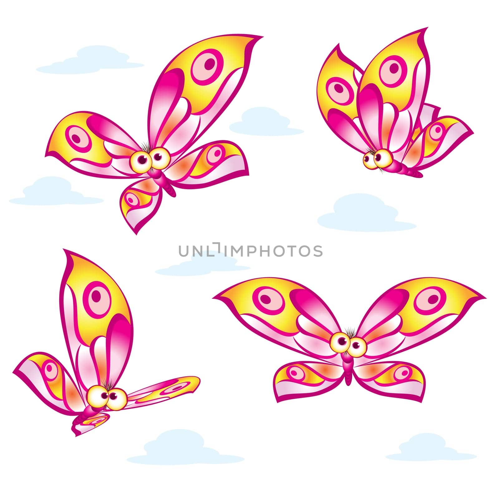Set of cartoon colorful butterflies. Illustration on white background