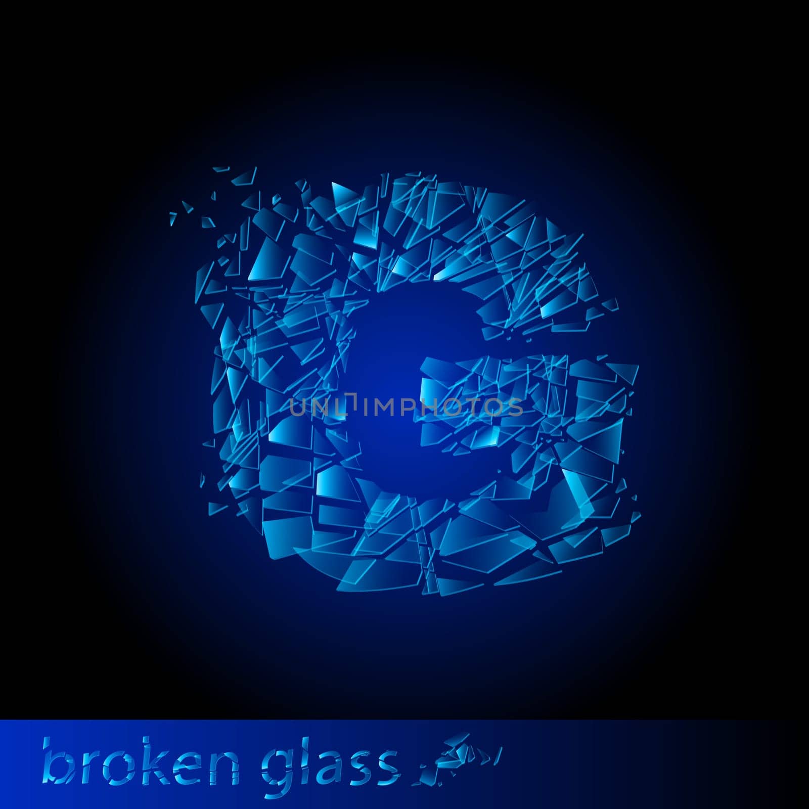 One letter of broken glass - G. Illustration on black background