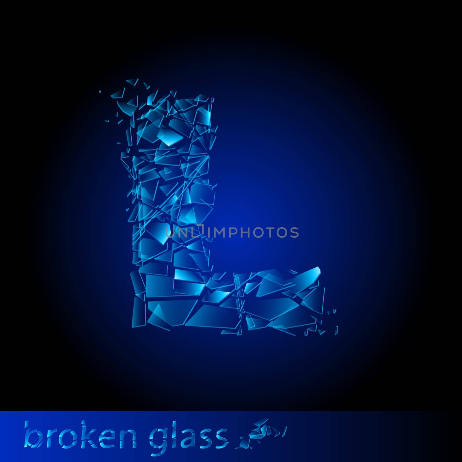 One letter of broken glass - L. Illustration on black background