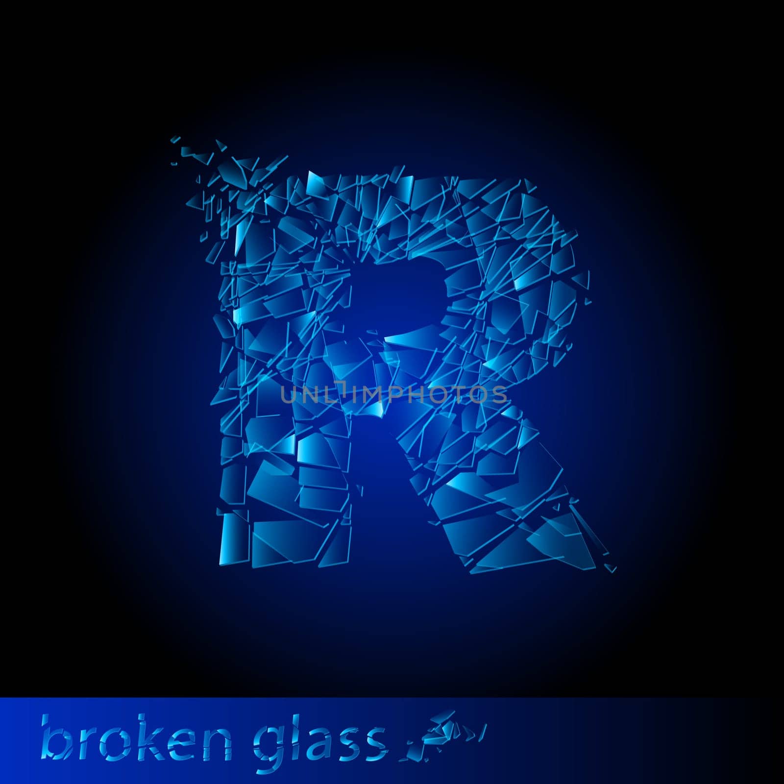 One letter of broken glass - R. Illustration on black background