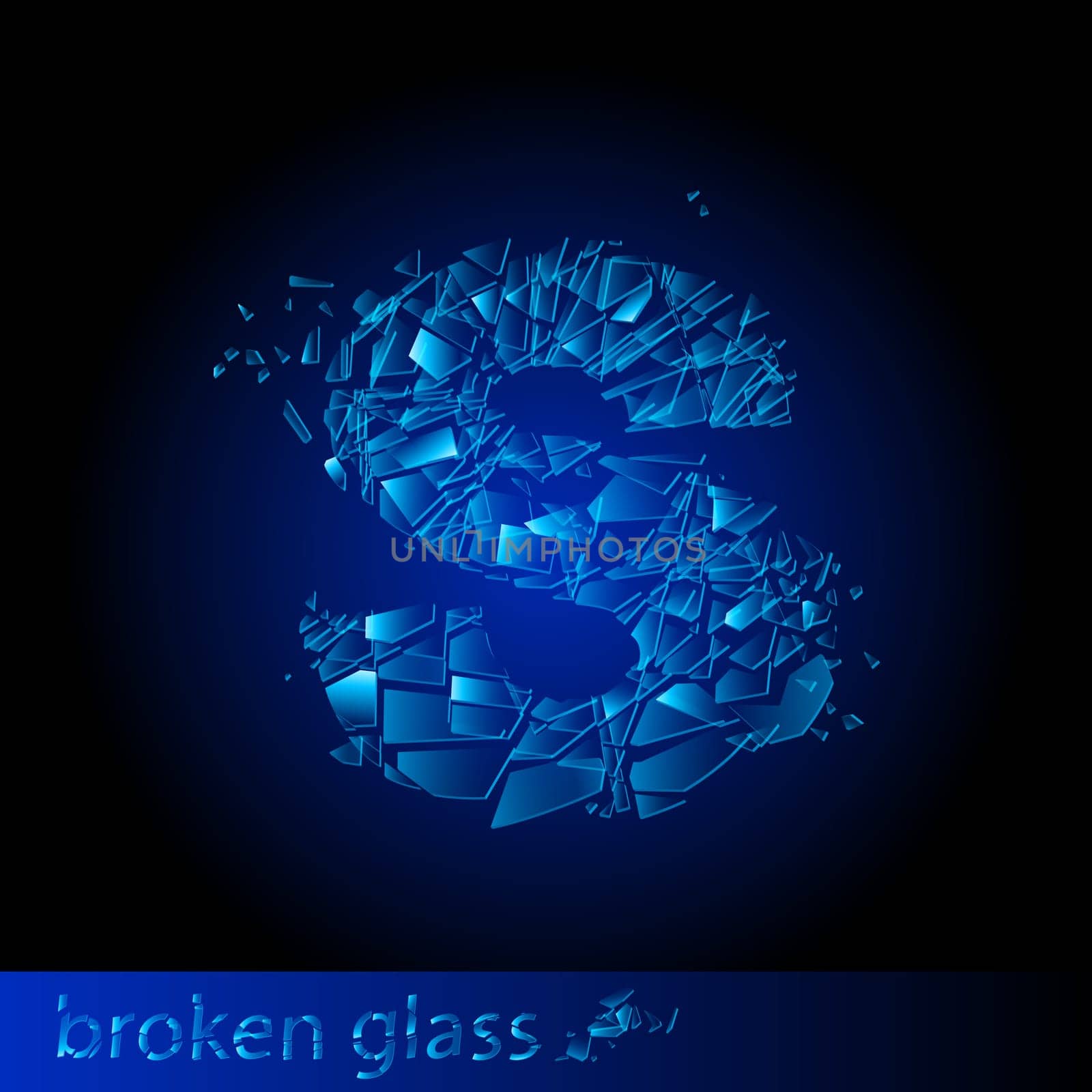 One letter of broken glass - S. Illustration on black background