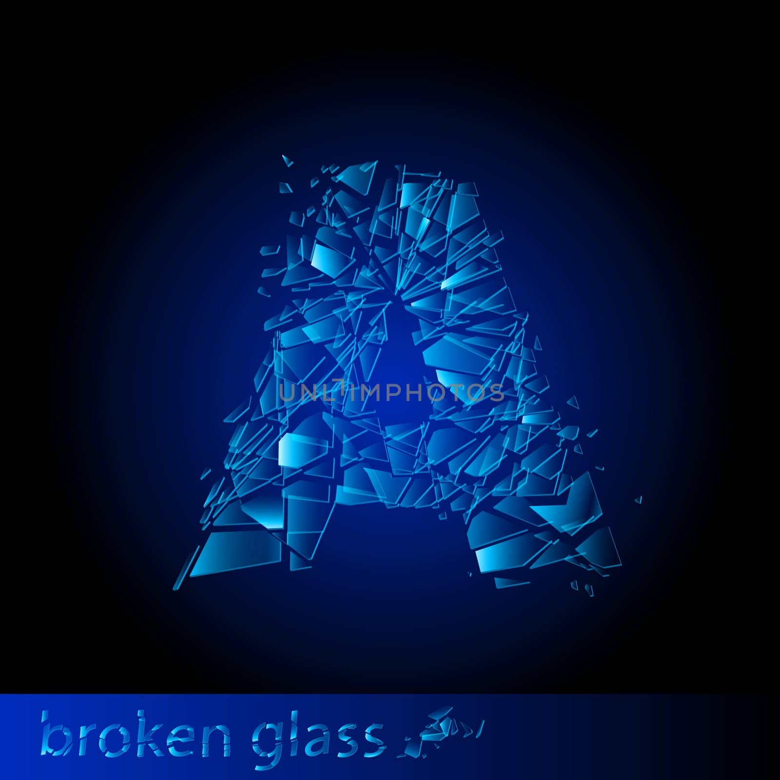 One letter of broken glass - A. Illustration on black background