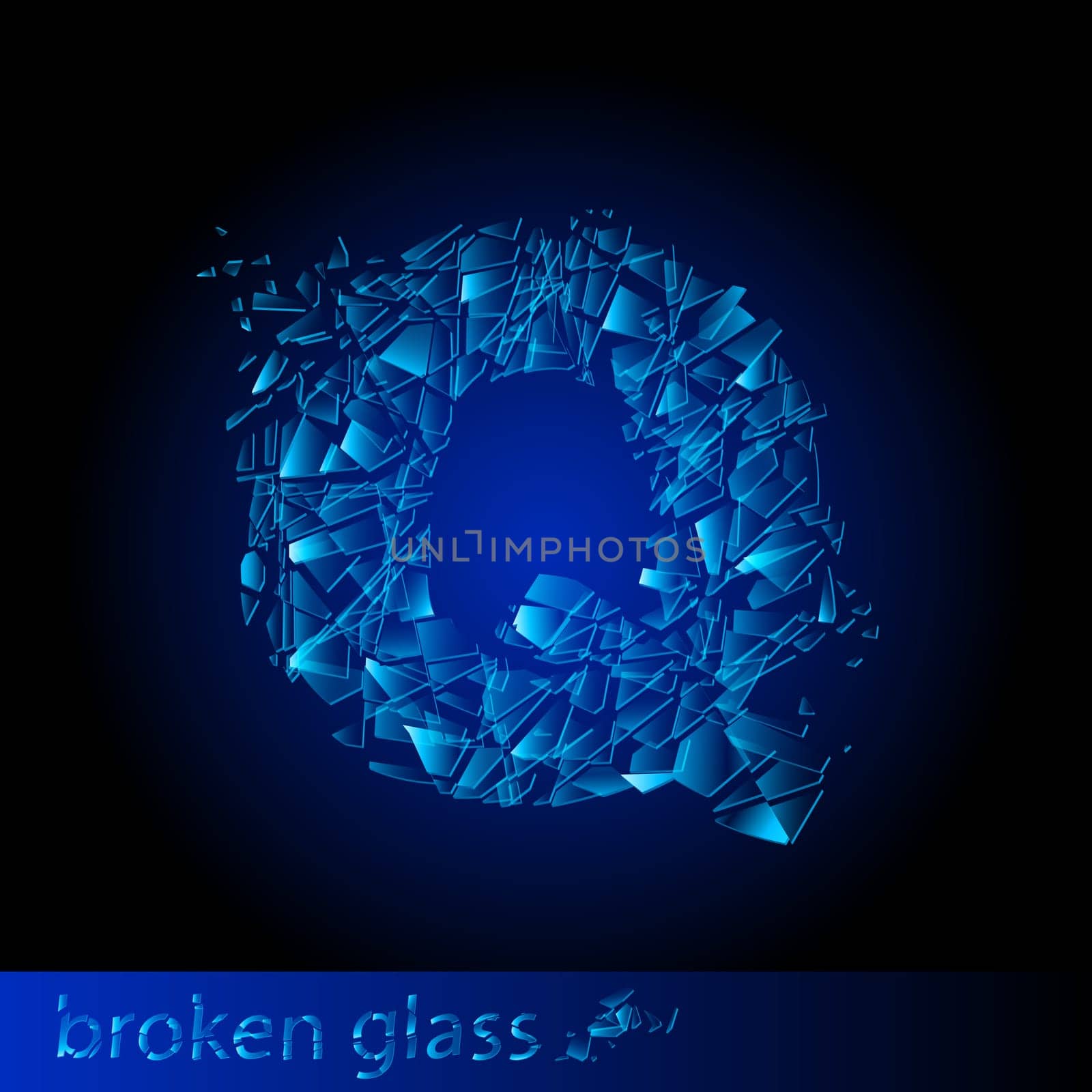 One letter of broken glass - Q. Illustration on black background