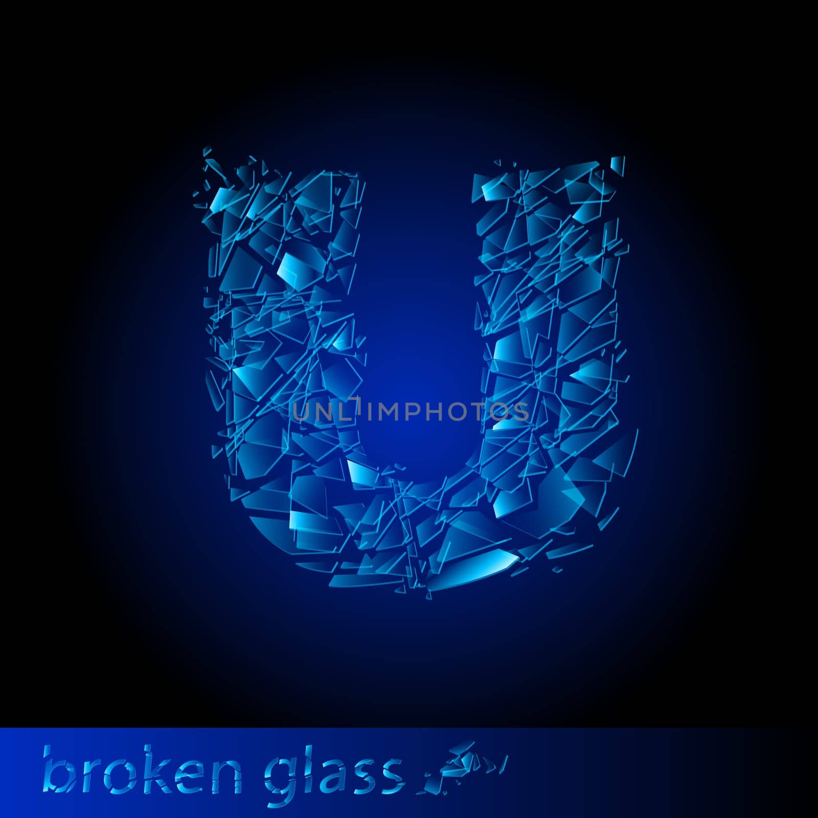 One letter of broken glass - U. Illustration on black background