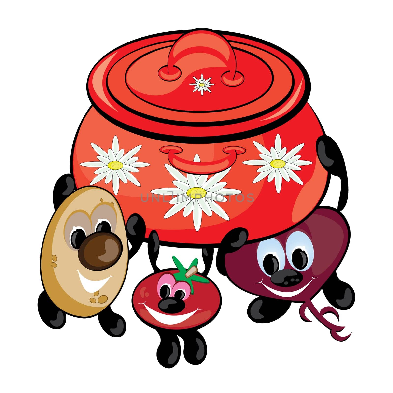 Cartoon illustration of funny vegetables. Illustration on white