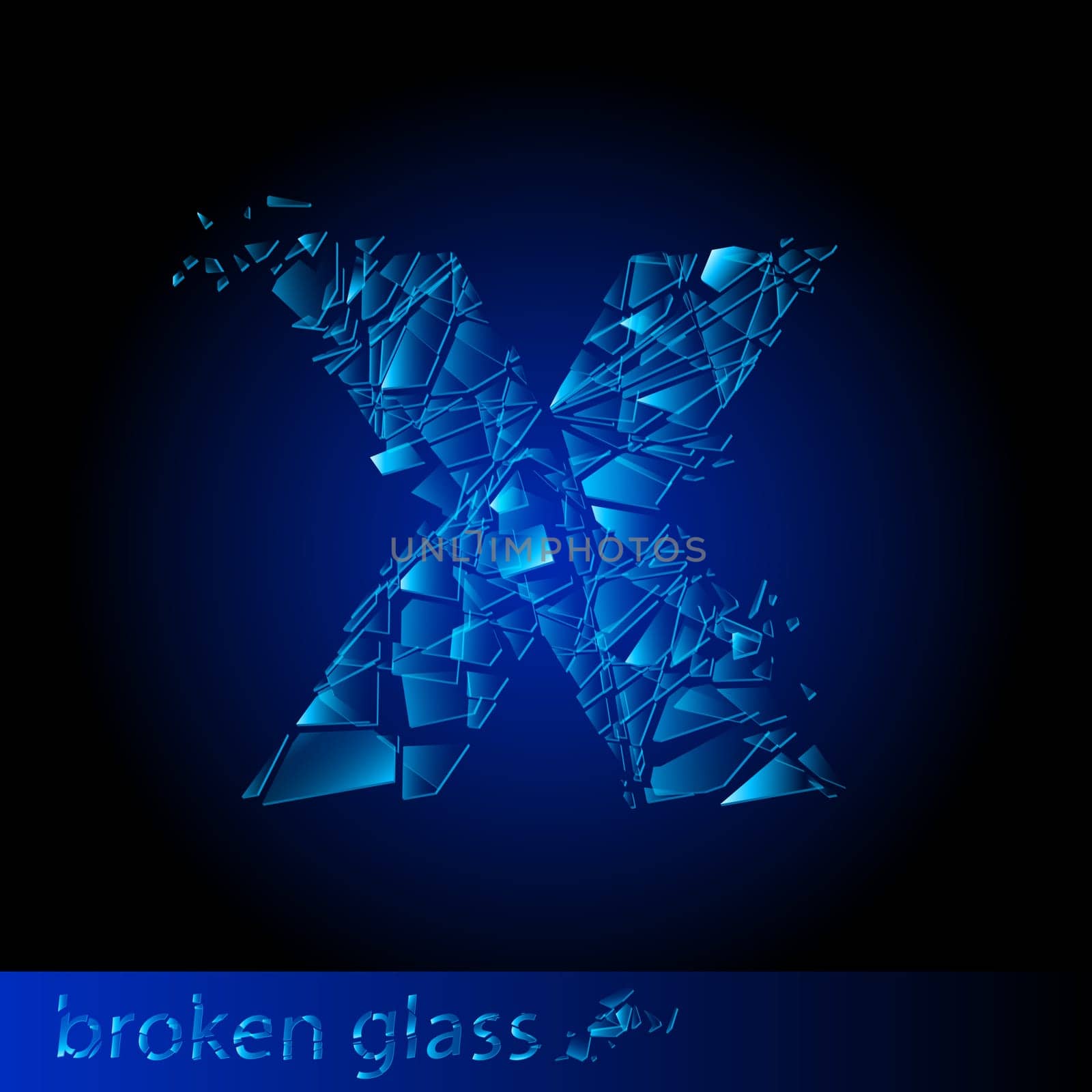 One letter of broken glass - X. Illustration on black background