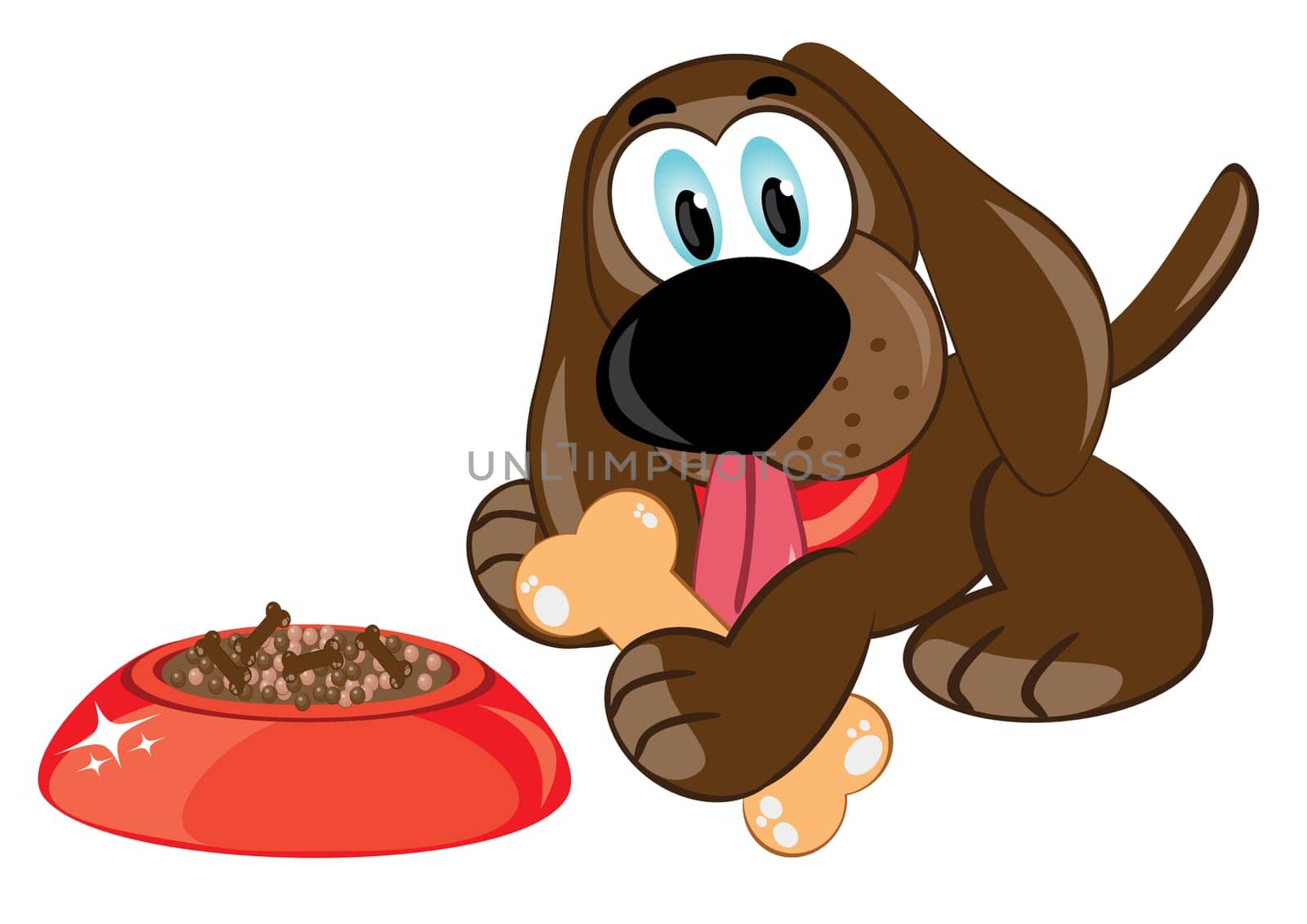 Illustration of a cartoon dog with a bone and bowl