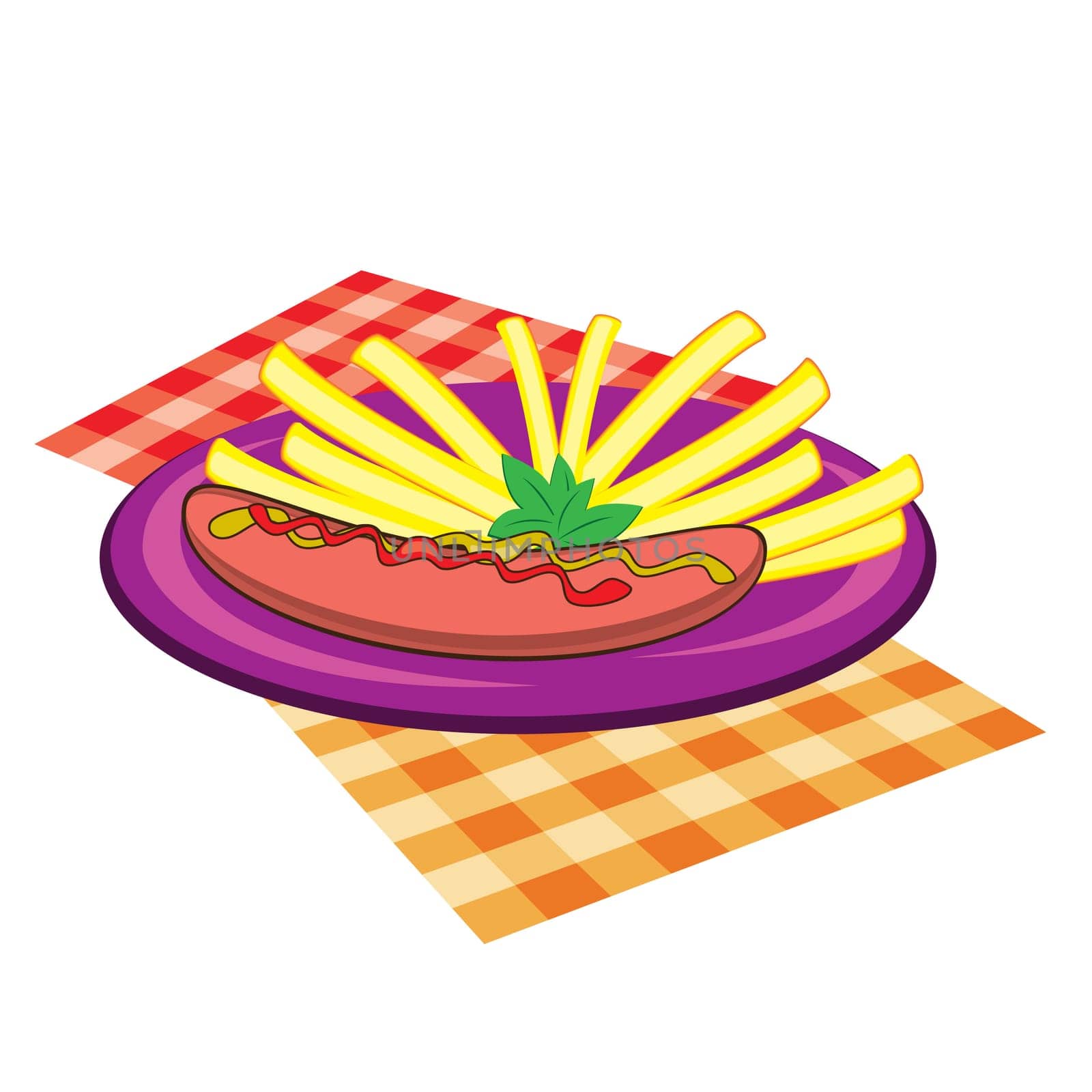 Violet plate of sausage and chips on napkins