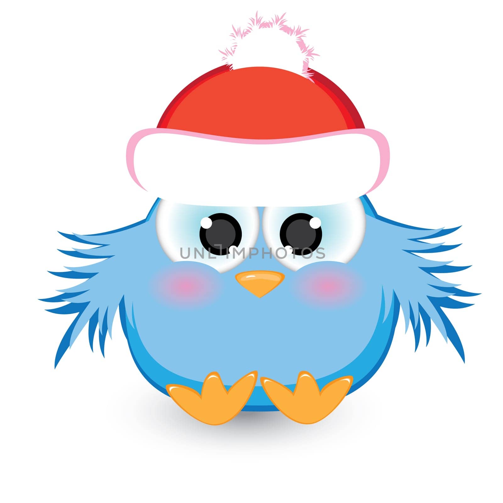Cartoon blue sparrow in a red cap. Illustration on white background