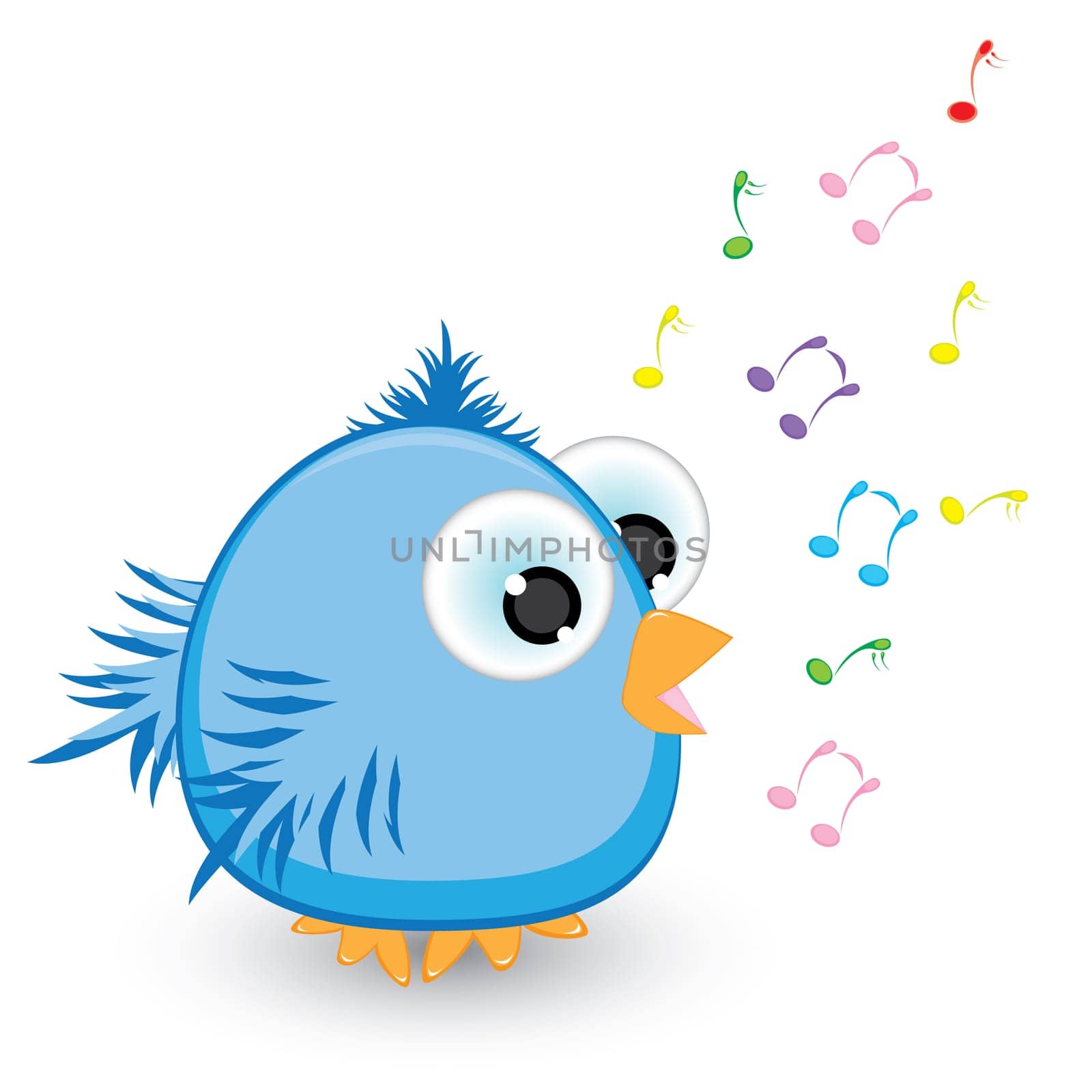 Cartoon blue sparrow singing. Illustration on white background