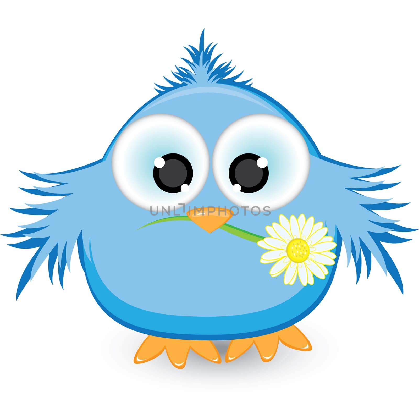 Blue sparrow with a flower in its beak. Illustration on white background