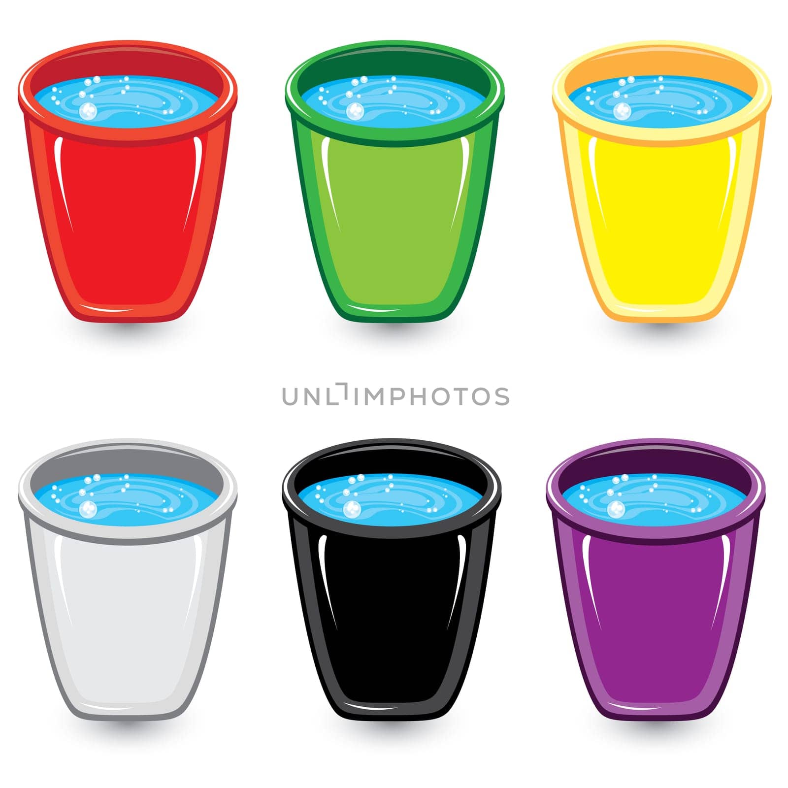 Set of colorful buckets of soapy water. Illustration on white background