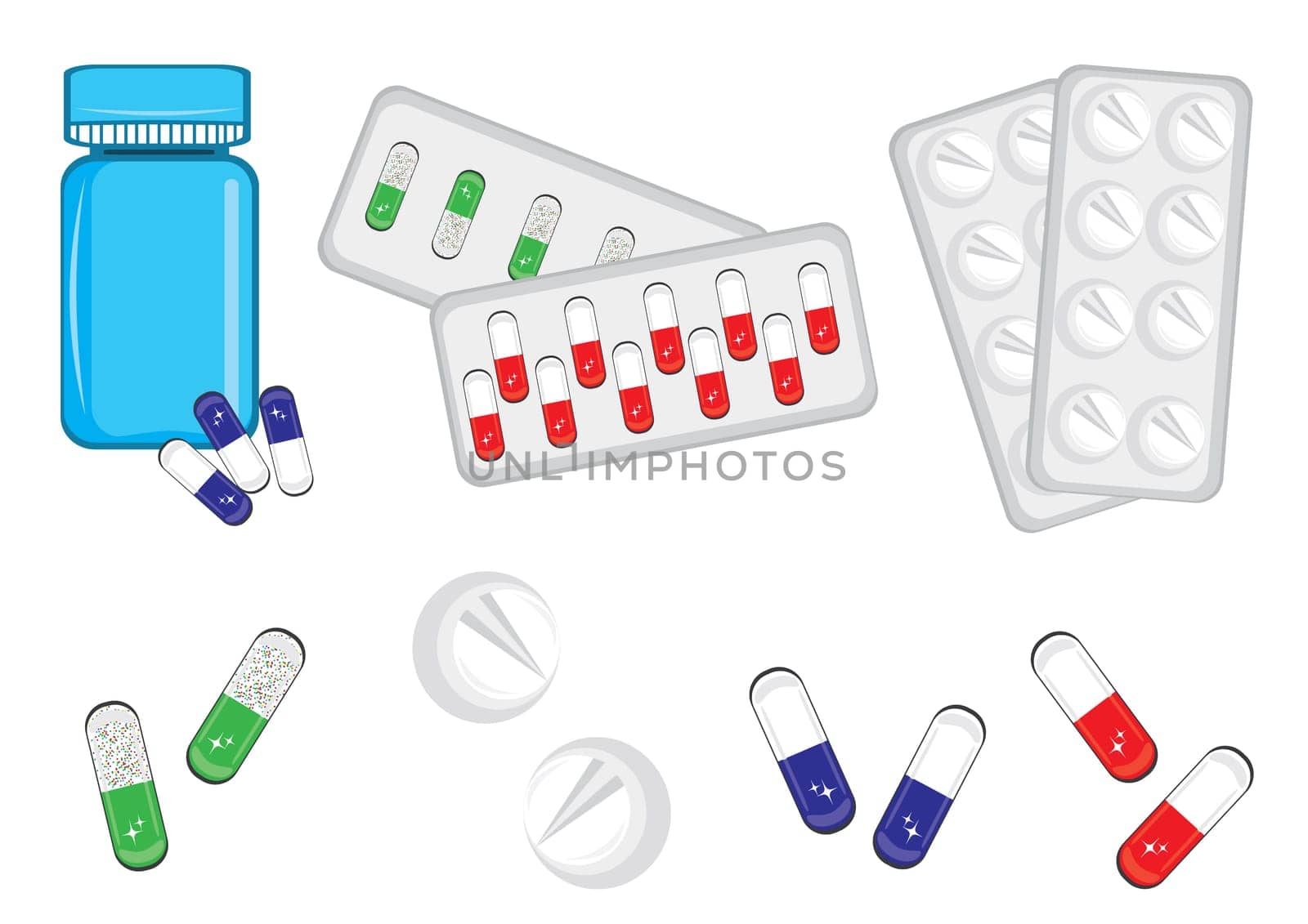 Different medical bottles and tablets isolated on white