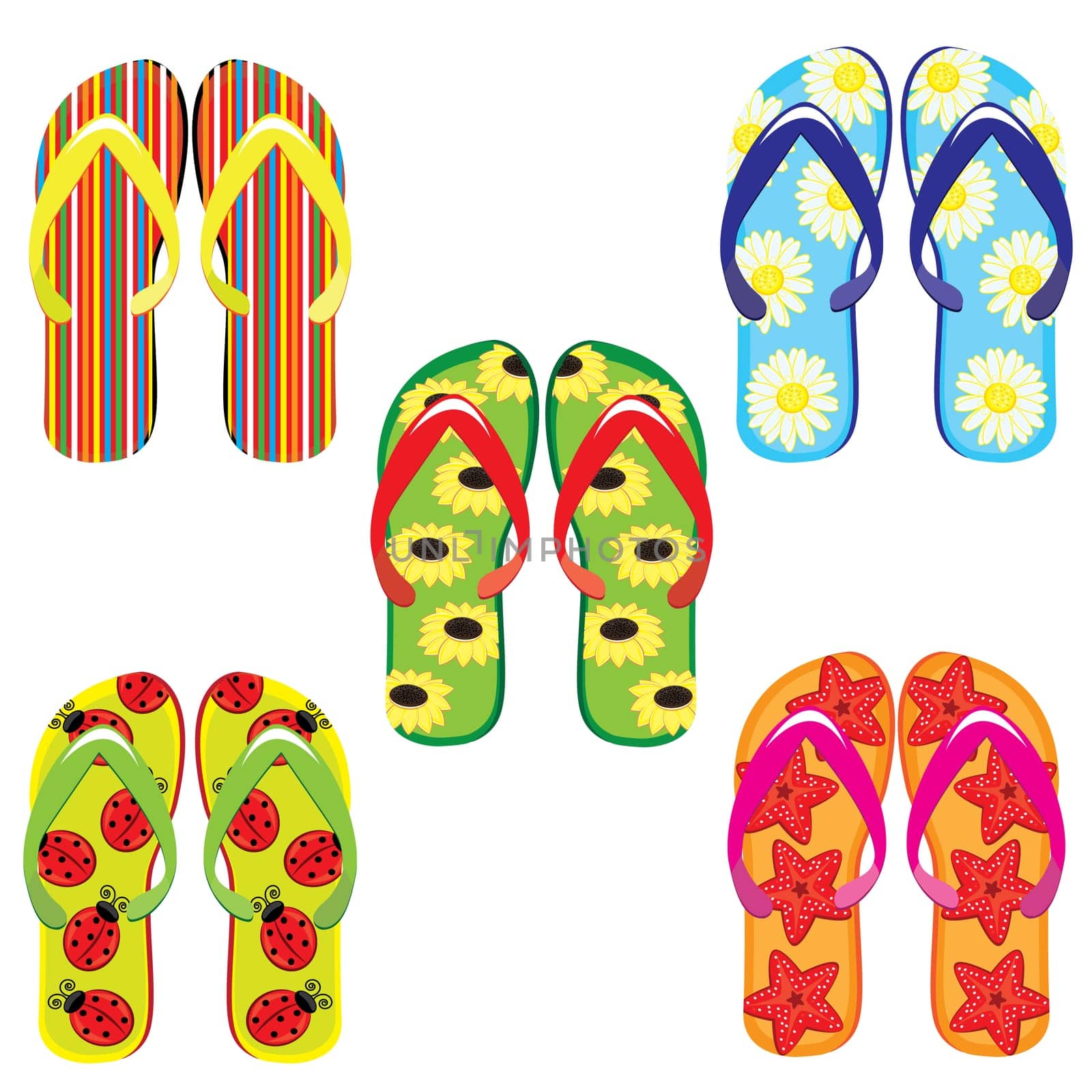 Five pairs of colorful flip flops. Illustration on white background