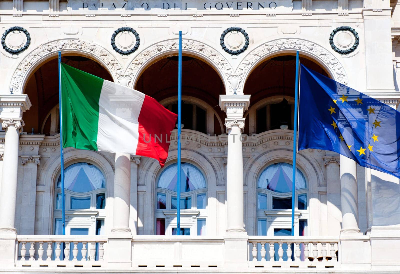 Italian and EU Flags on a balcony in Trieste