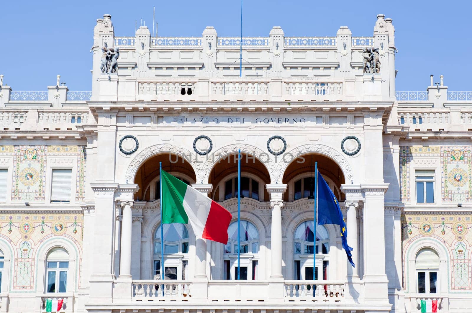 Italian and EU Flags on a balcony in Trieste