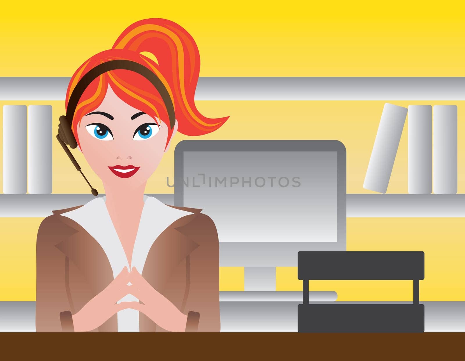 Female Receptionist Operator Help Desk with Computer Illustration